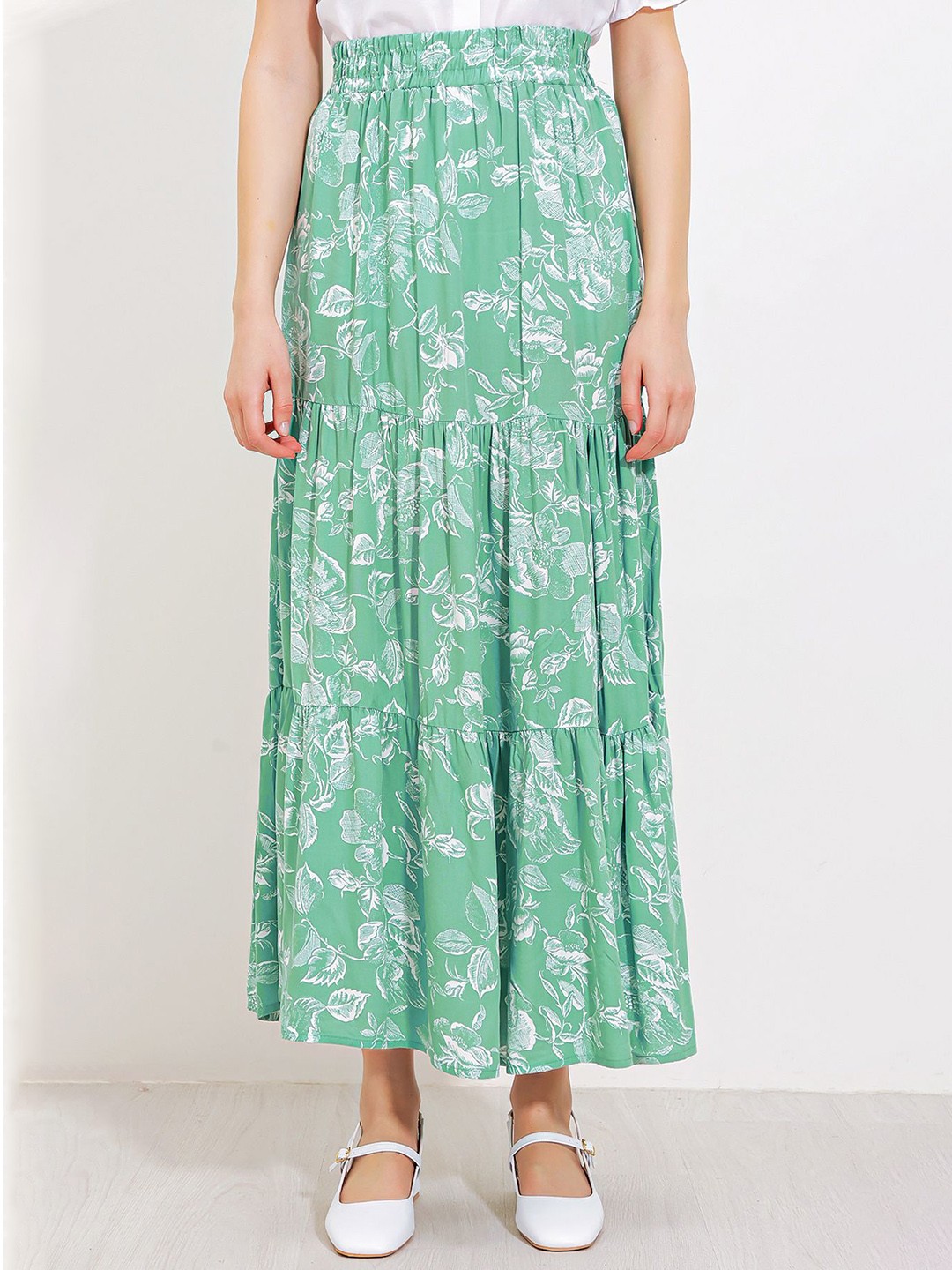 

BIGDART Floral Printed Tiered Maxi Skirts, Green