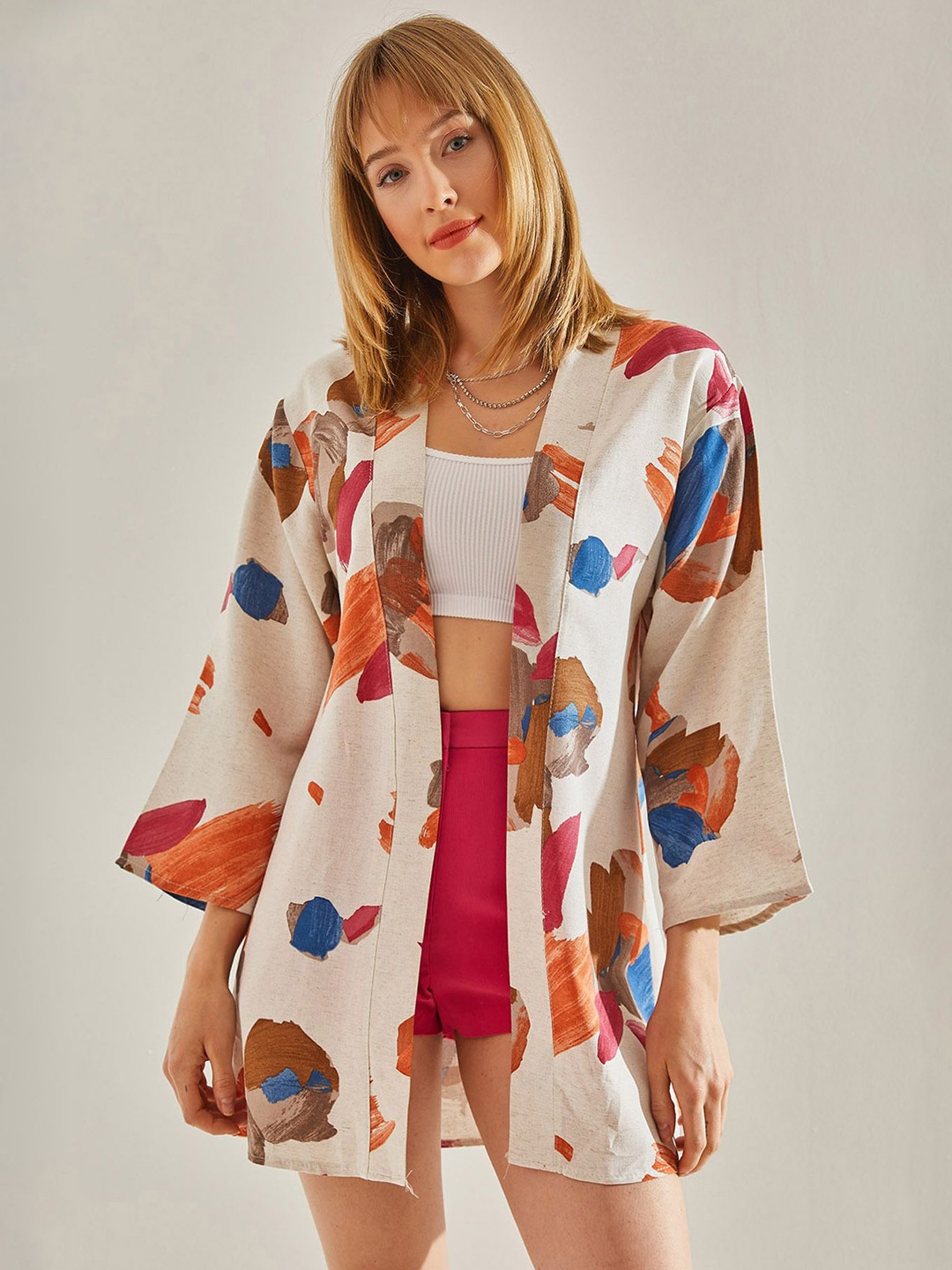 

BIANCO LUCCI Mavi Printed Open Front Shrug, Off white