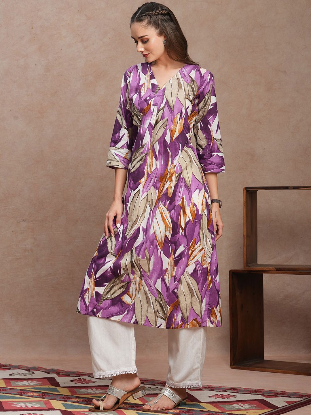 

FASHOR Abstract Printed Cotton A-Line Kurta, Purple