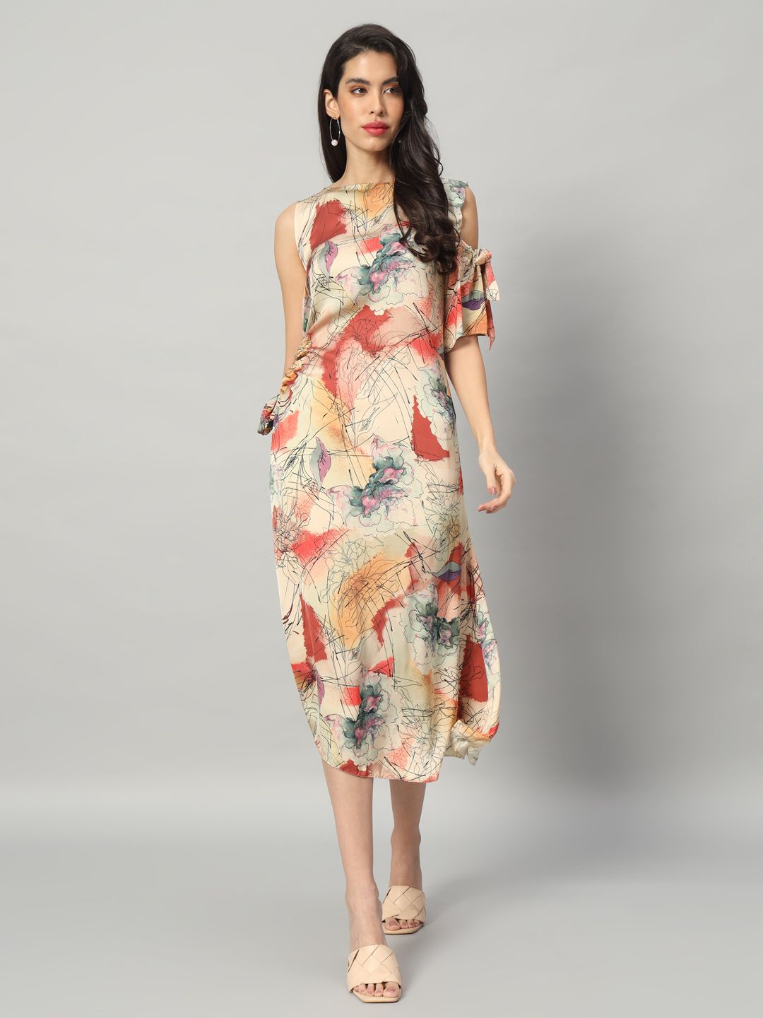 

BRIJAL LAD Women Printed Satin Sheath Midi Dress, Orange