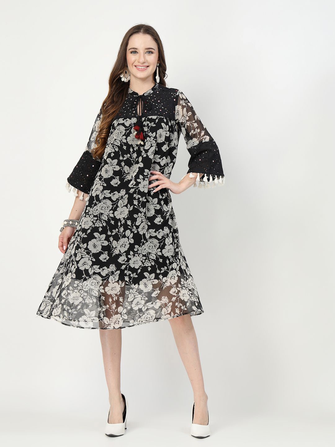 

COSMIC TRIO Floral Printed Bell Sleeve Chiffon A-Line Dress, Black