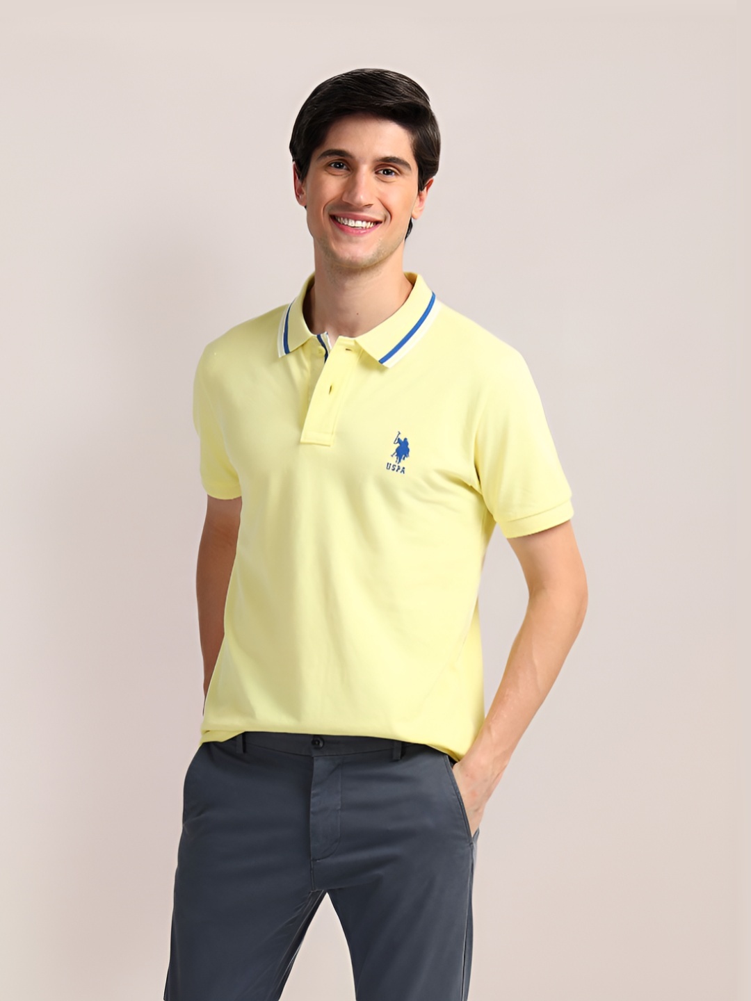 

U.S. Polo Assn. Men Solid Polo Collar Cotton Slim Fit T-Shirt, Yellow