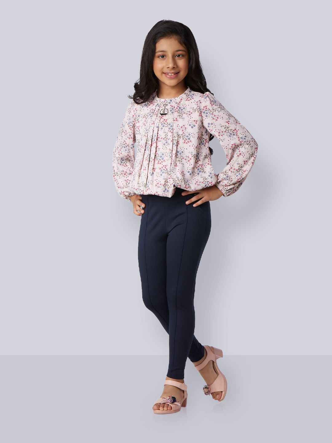 

Peppermint Girls Printed Round Neck Top with Trousers, Navy blue