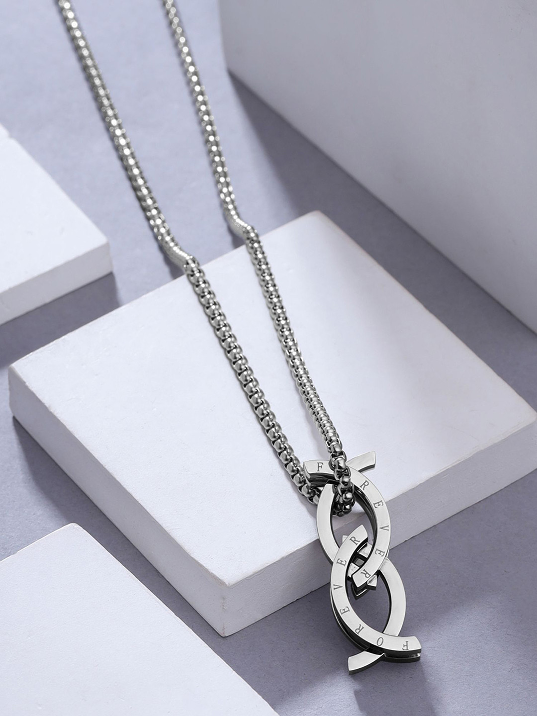 

Yellow Chimes Men Rhodium-Plated Circular Pendants with Chains, Silver