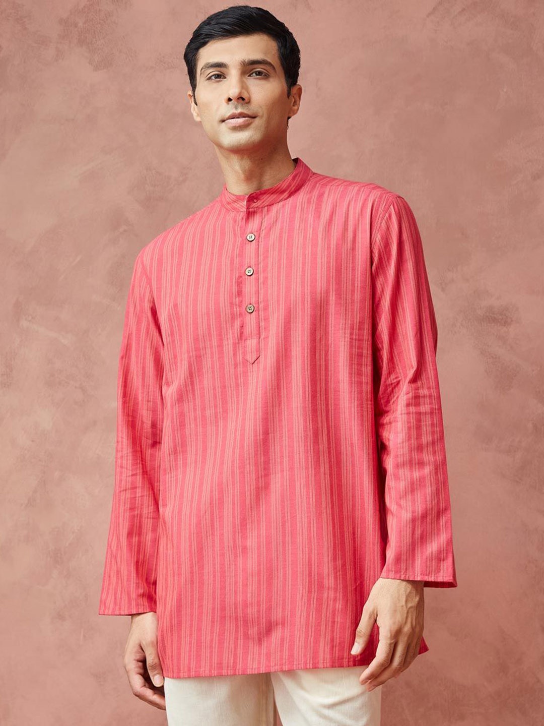 

Fabindia Striped Band Collar Pure Cotton Straight Short Kurta, Pink