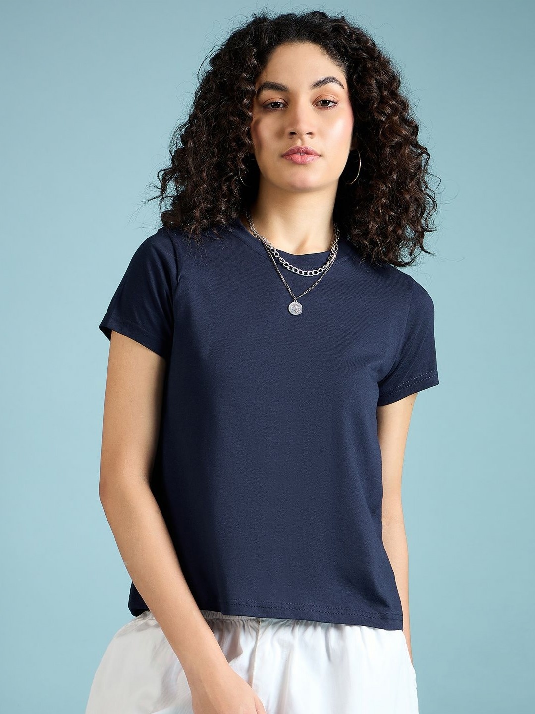 

DressBerry Women Solid Round Neck Cotton T-Shirt, Navy blue
