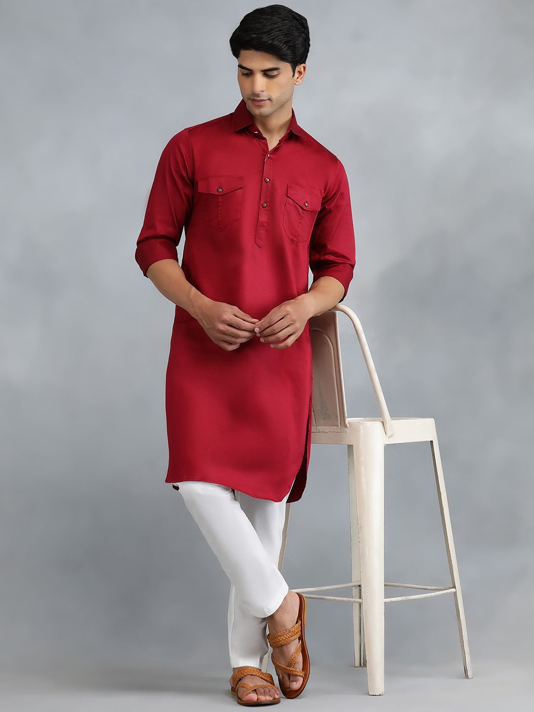 

THE KURTA COMPANY Mandarin Collar Pathani Kurta, Red