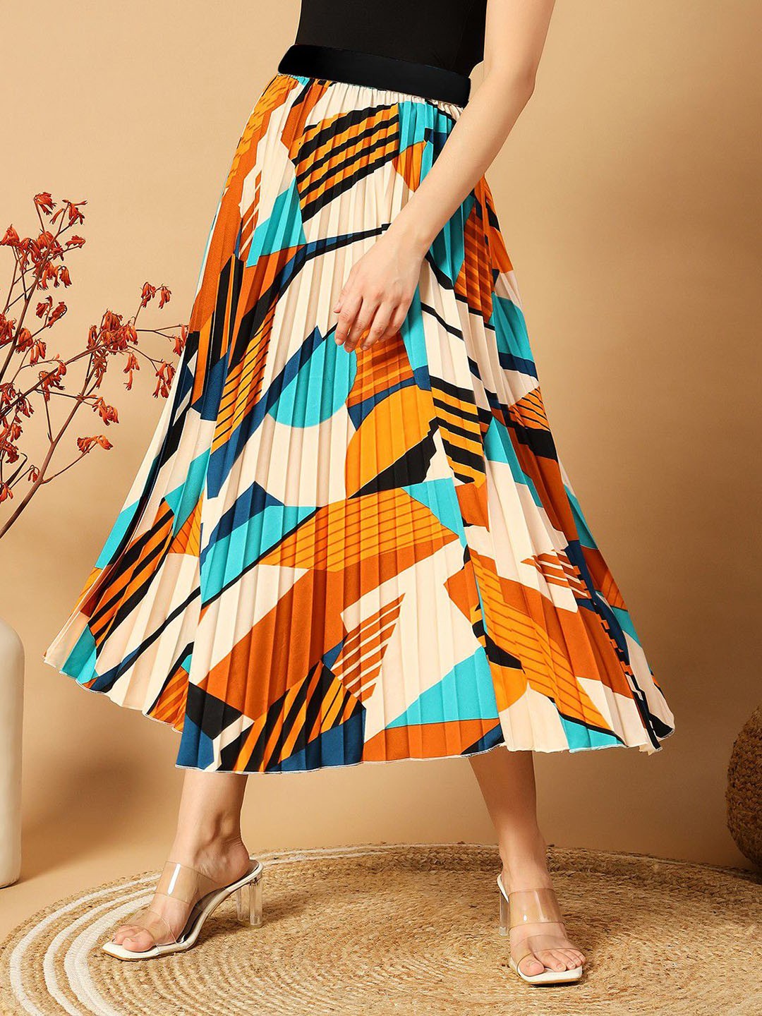 

Femvy Printed Midi Pleated skirt, Cream