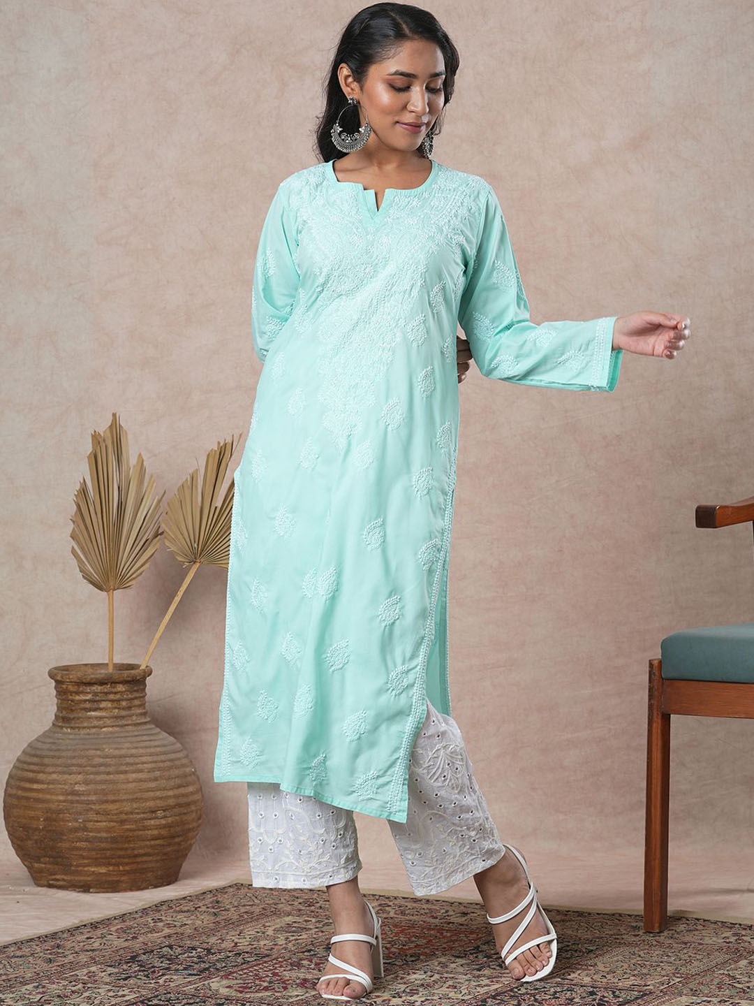 

ADA Ethnic Motifs Embroidered Chikankari Cotton Straight Kurta, Sea green