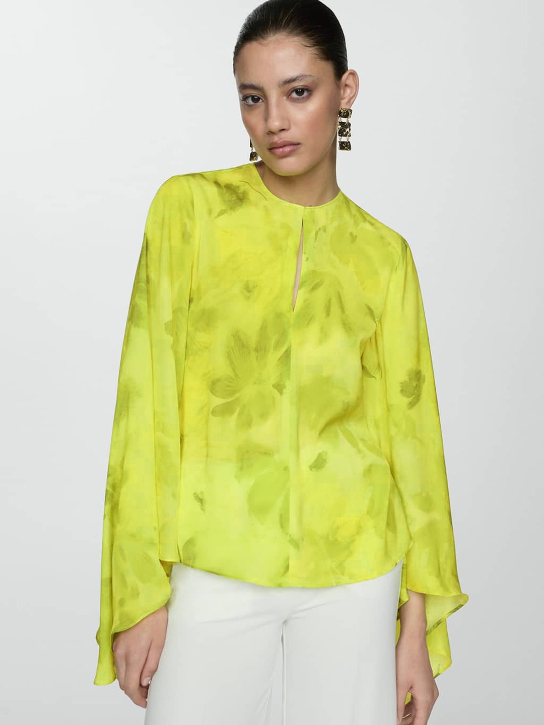 

MANGO Floral Printed Cut Out Detail Flared Sleeves Satin Finish Top, Lime green