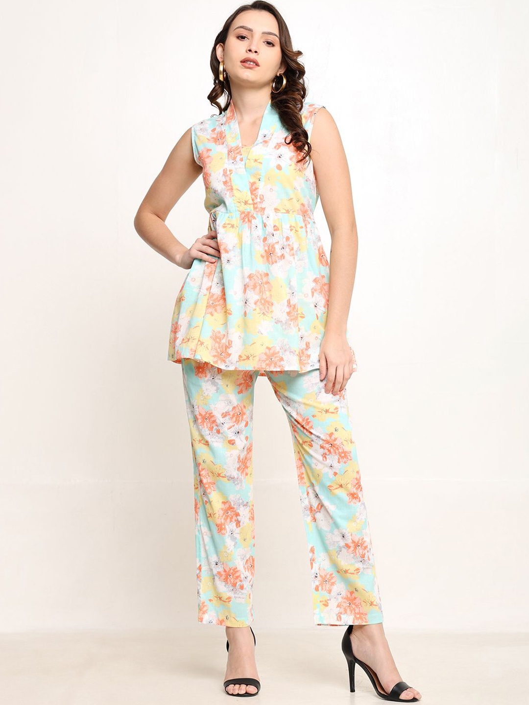 

CORDSET Printed V-Neck Pure Cotton Tunic & Trousers, Blue