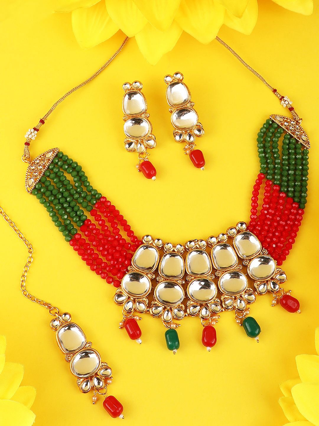 

MODE MANIA Gold-Plated Two Layer Uncut Kundan Studded & Pearl Beaded Jewellery Set