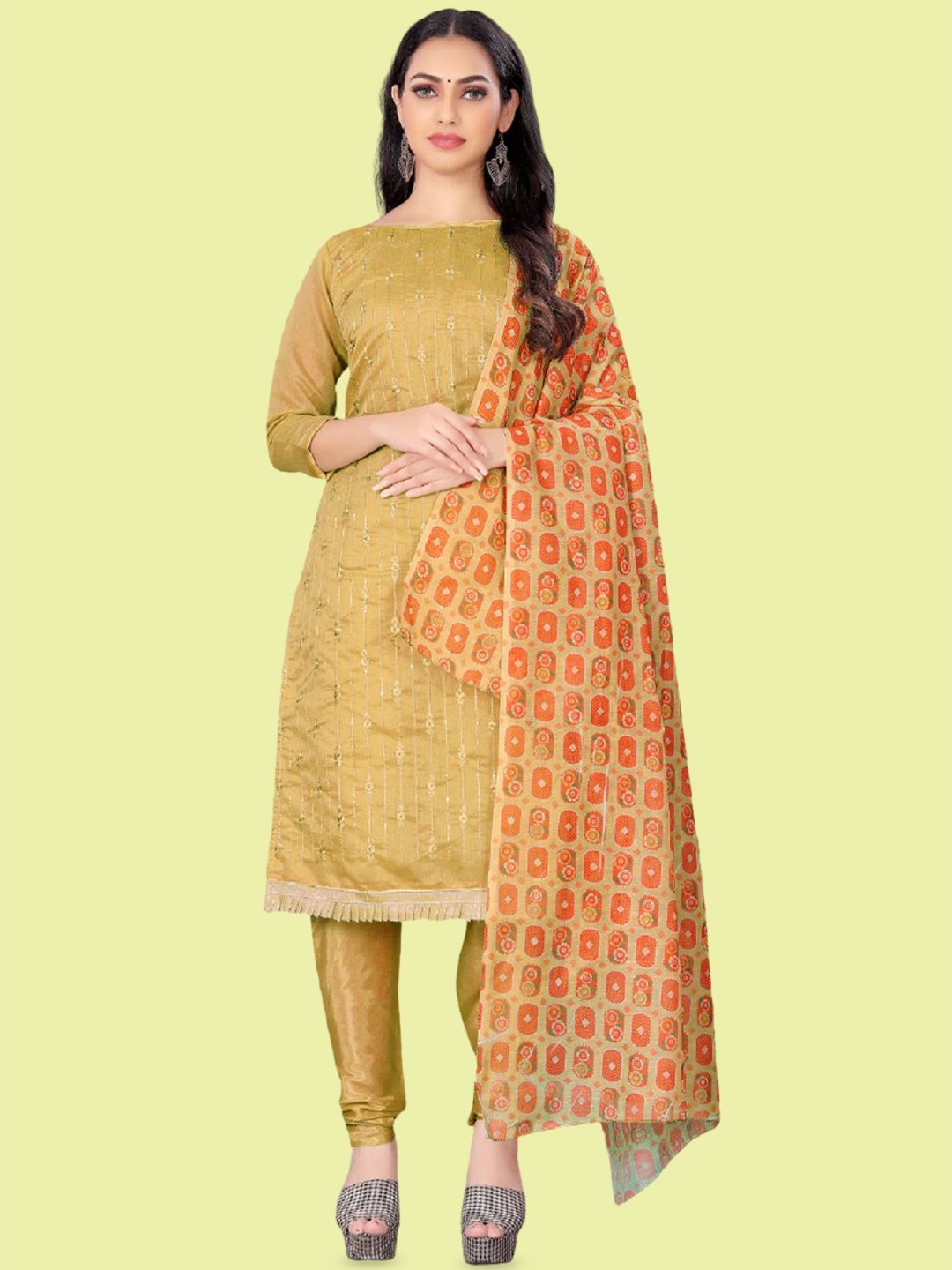 

APNISHA Striped Embroidered Sequinned Unstitched Dress Material, Yellow