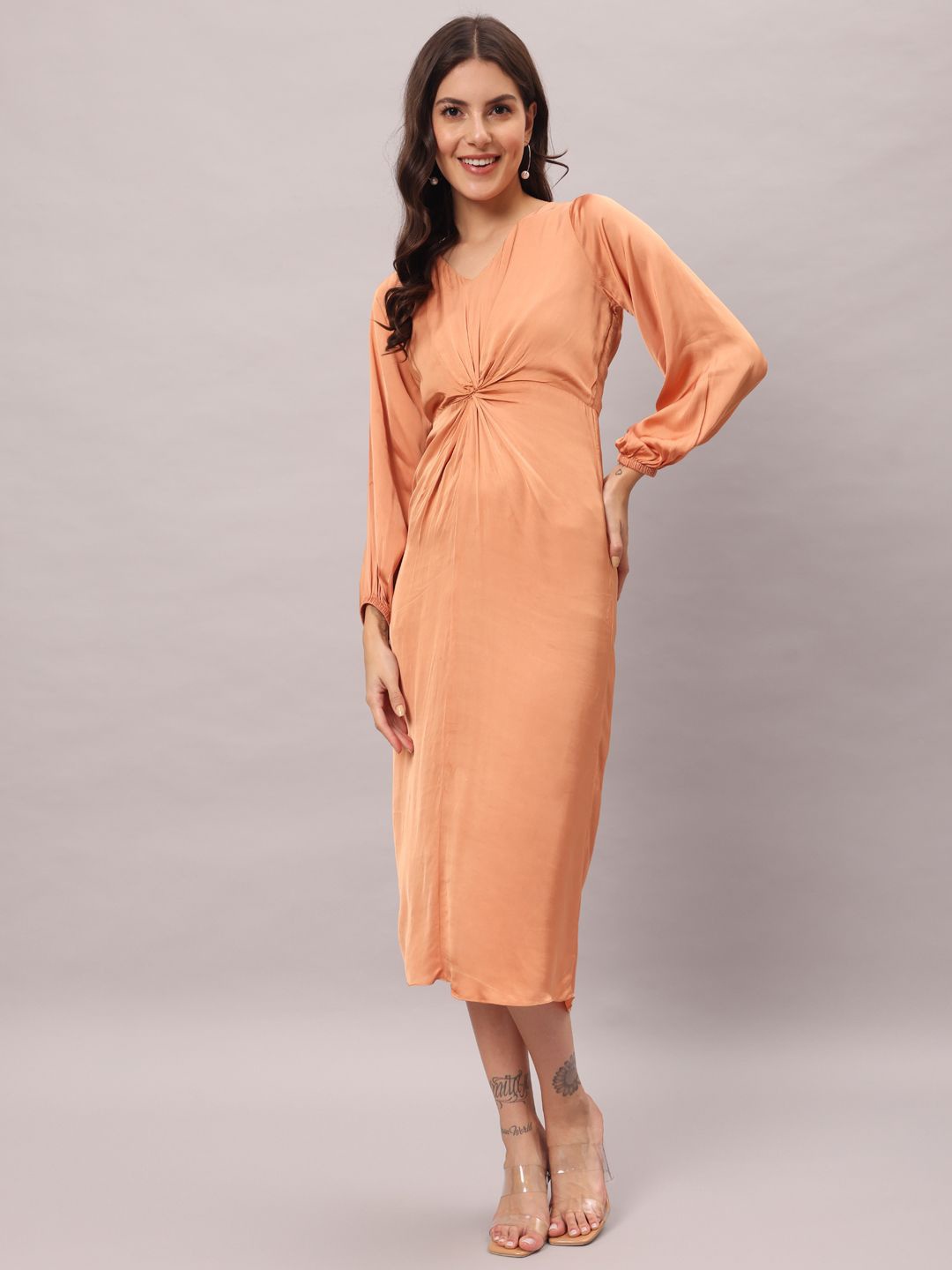 

BRIJAL LAD Women Satin A-Line Midi Dress, Orange