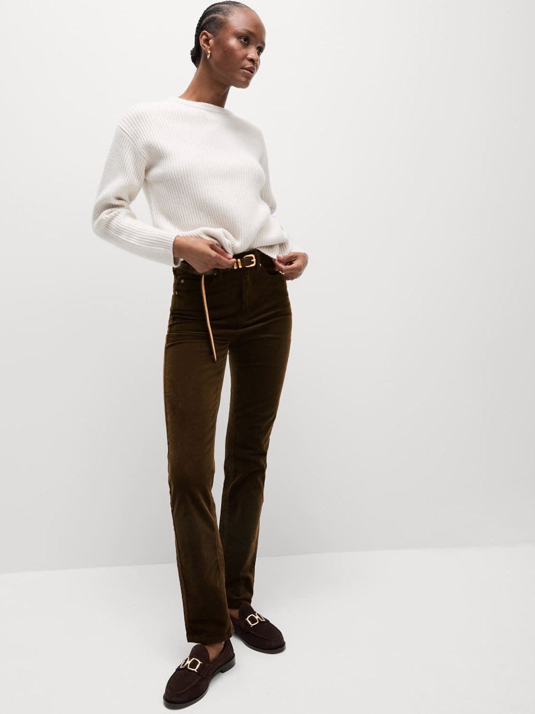 

Marks & Spencer Women Printed Straight Fit High-Rise Trousers, Brown