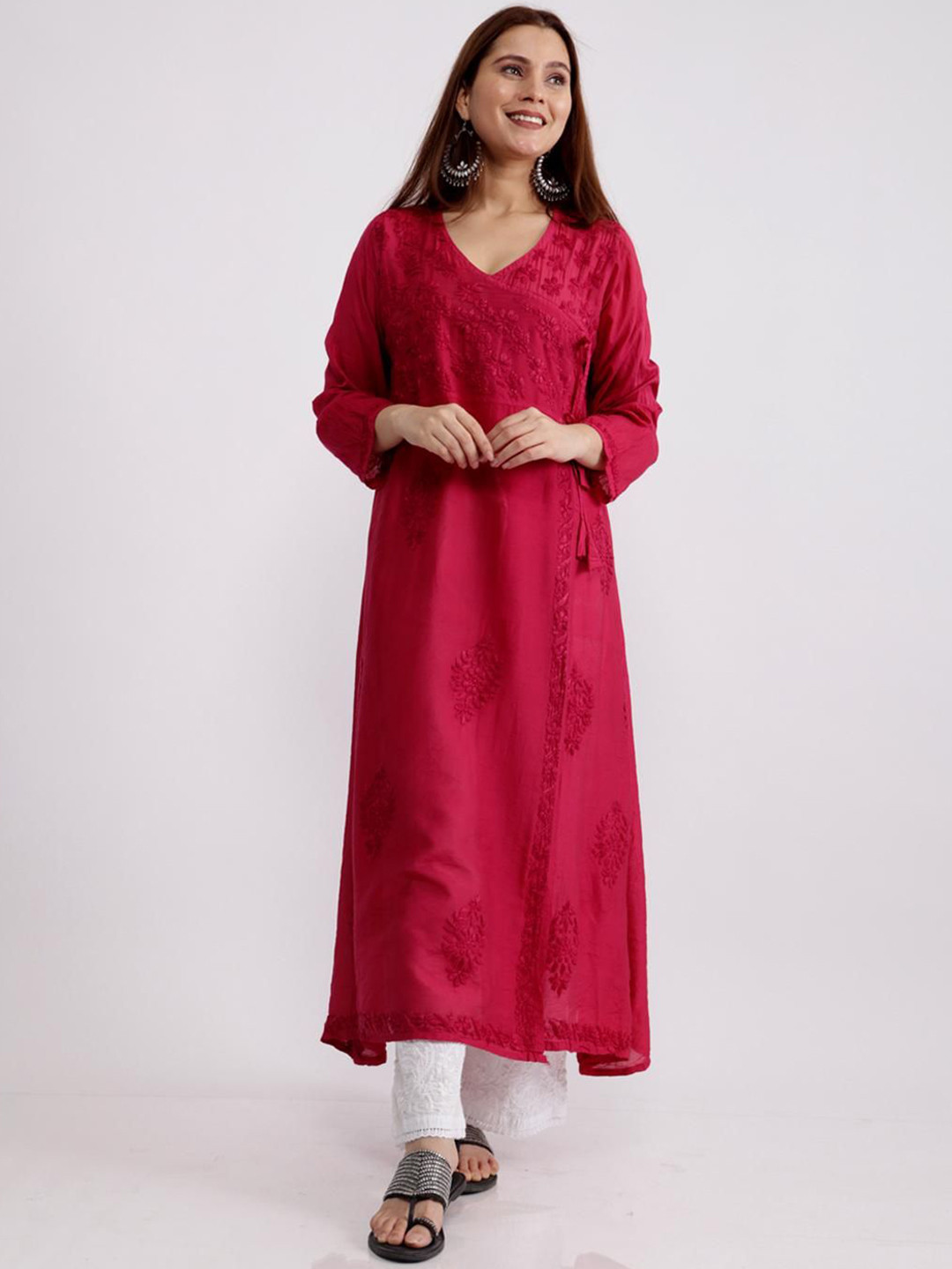 

Hastya Kala Floral Embroidered Chikankari Chanderi Silk Angrakha Kurta, Fuchsia