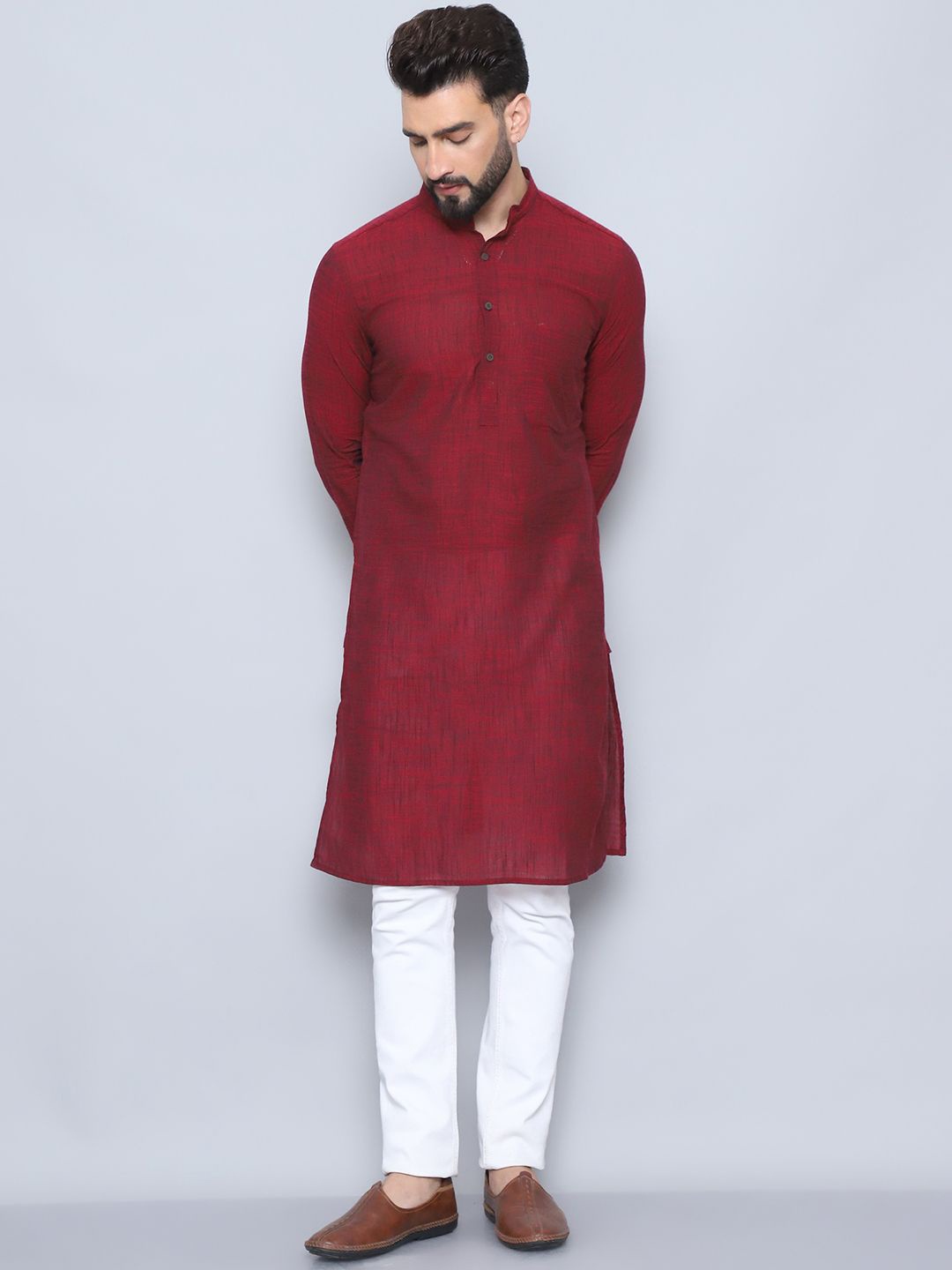 

even Mandarin Collar Pure Cotton Straight Kurta, Maroon