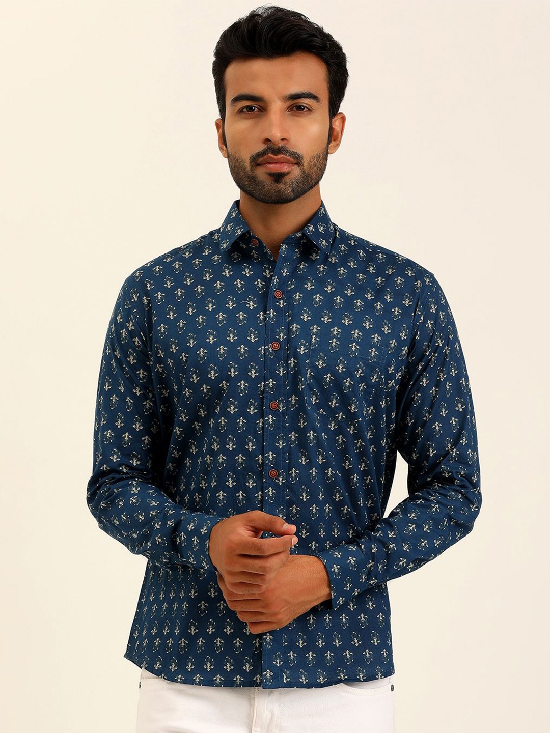 

SPS Men Relaxed Spread Collar Conversational Printed Cotton Casual Shirt, Blue