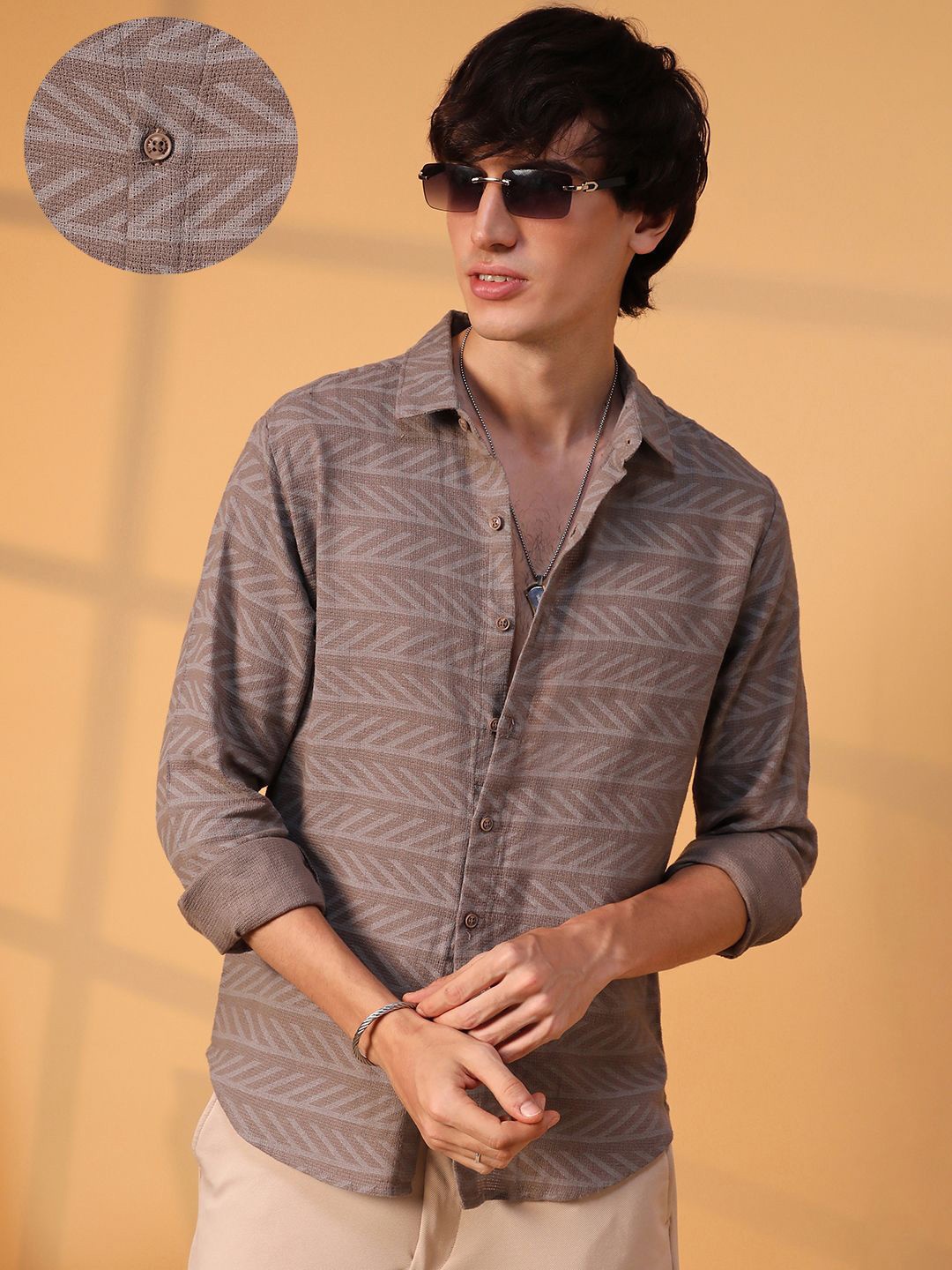 

Campus Sutra Men Comfort Spread Collar Abstract Printed Cotton Casual Shirt, Brown