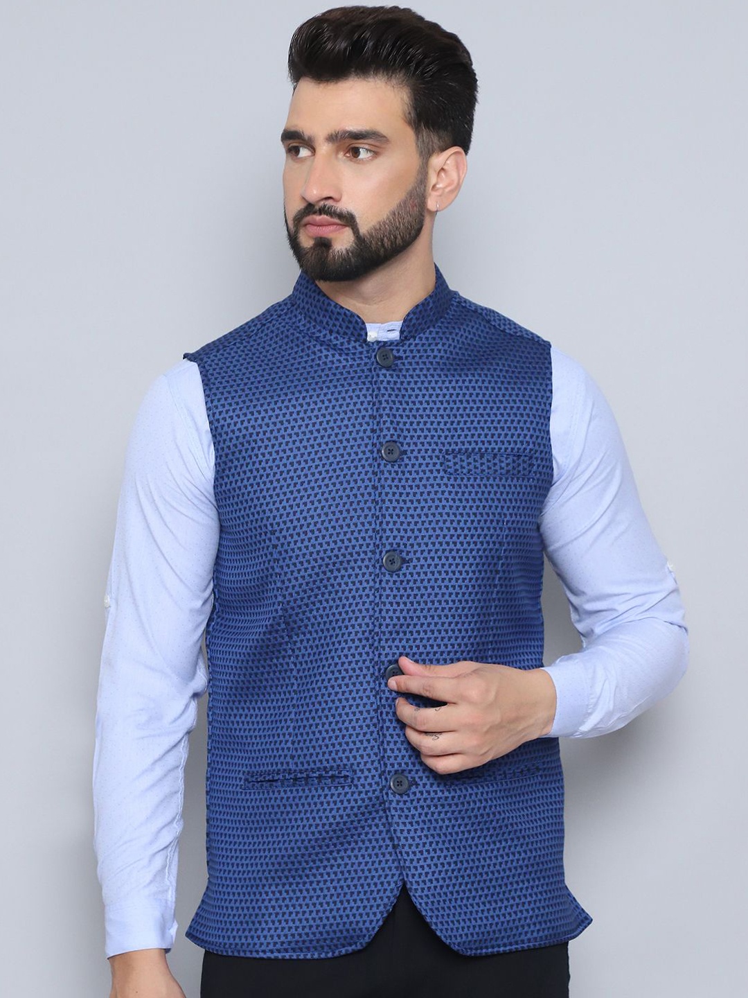 

even Woven Design Nehru Jacket, Blue