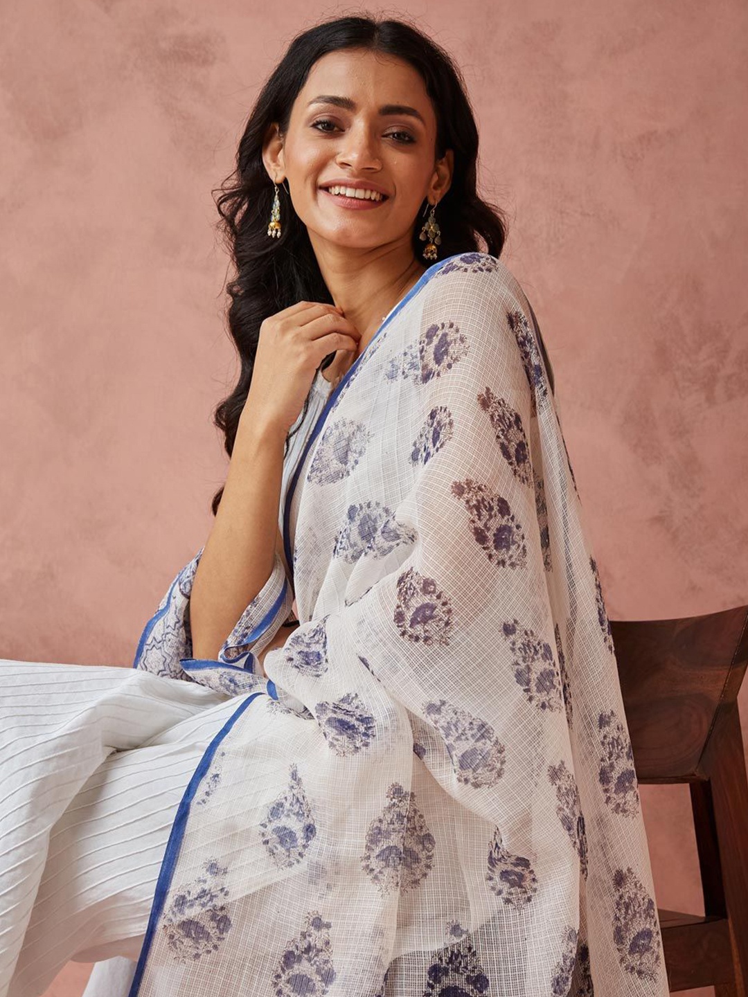 

Fabindia Floral Block Printed Cotton Silk Dupatta, White