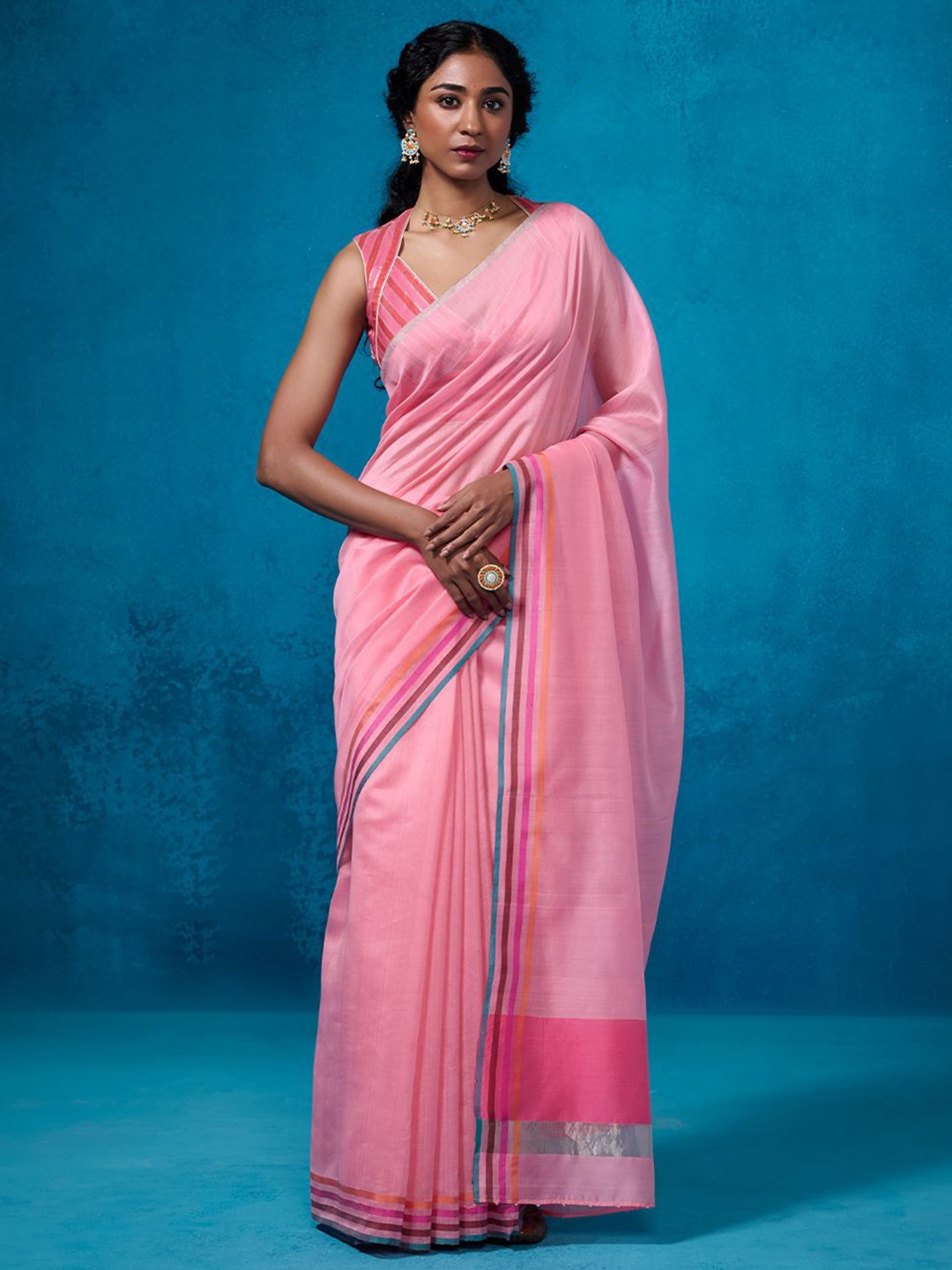 

Dressfolk Chanderi Saree with Blouse Piece, Pink