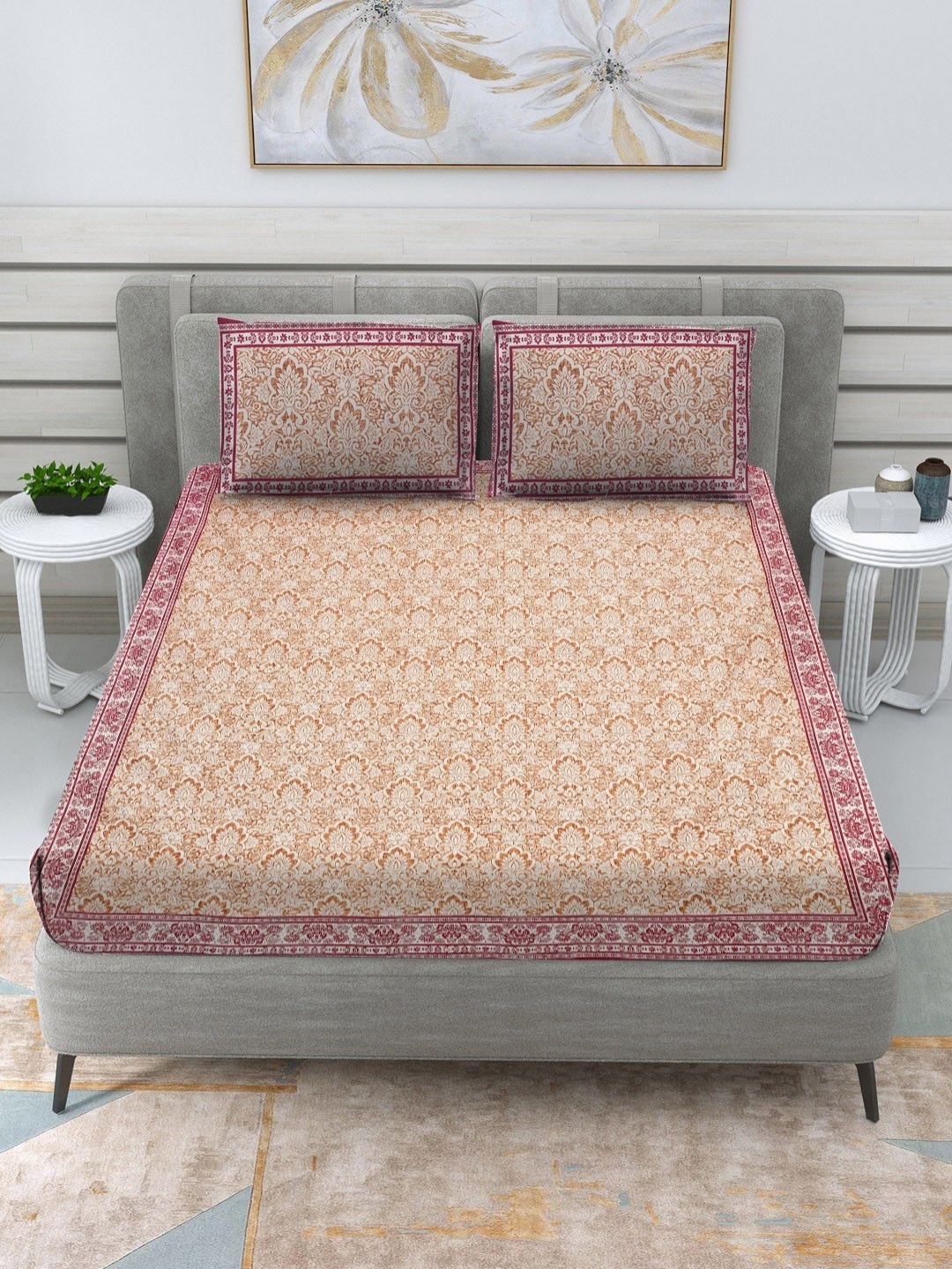

RRC Pink Ethnic Motifs 120 TC Pure Cotton Queen Bedsheet With 2 Pillow Covers