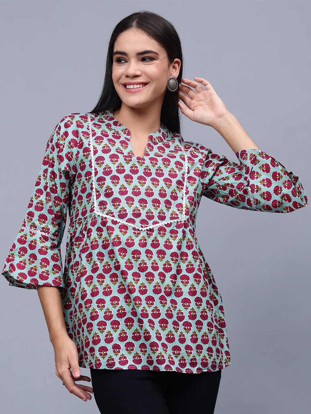 

Frolic Rolic Floral Print Mandarin Collar Cotton Top, Green