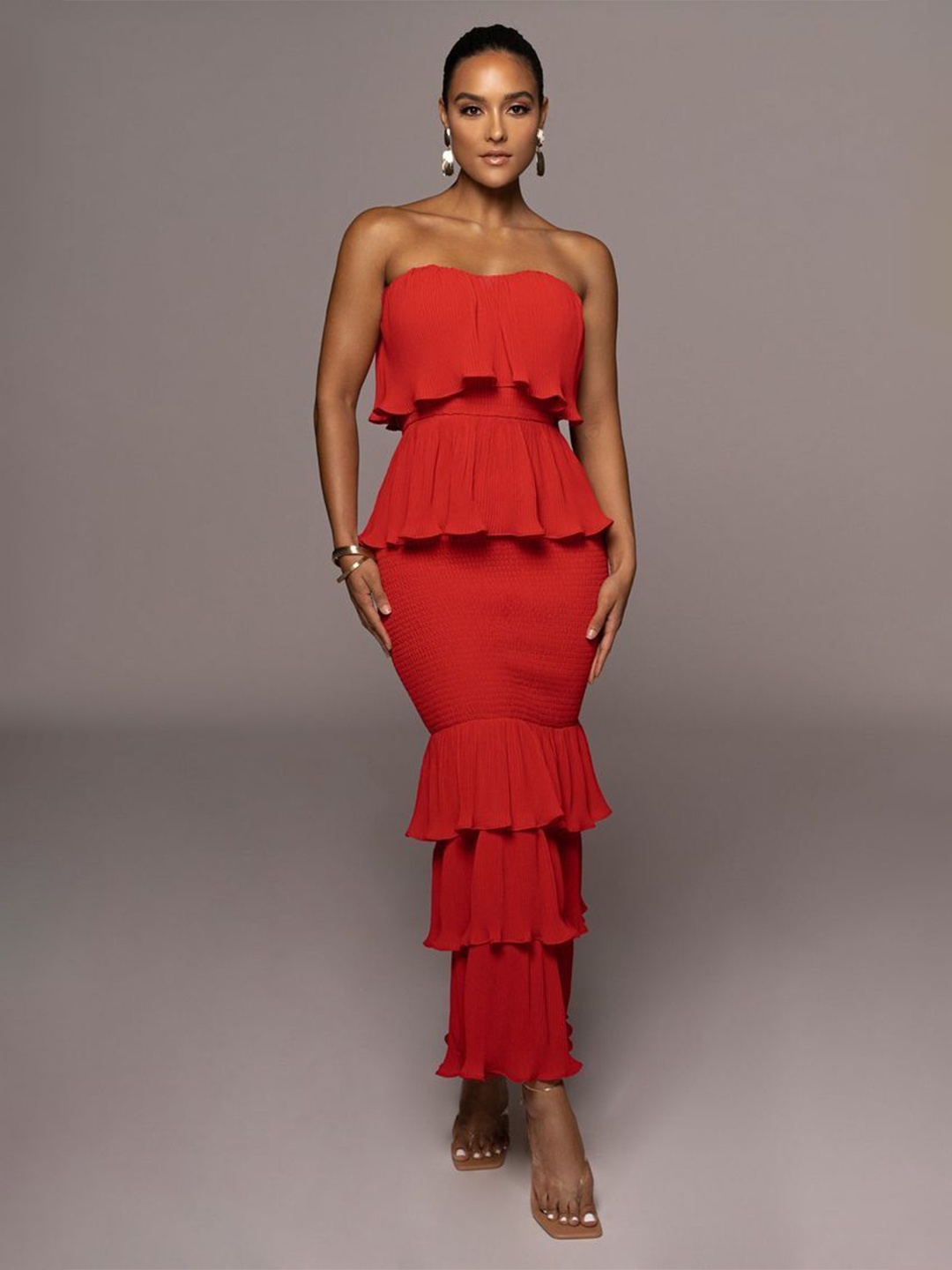 

MIAKEE Strapless Ruffle Maxi Dress, Red