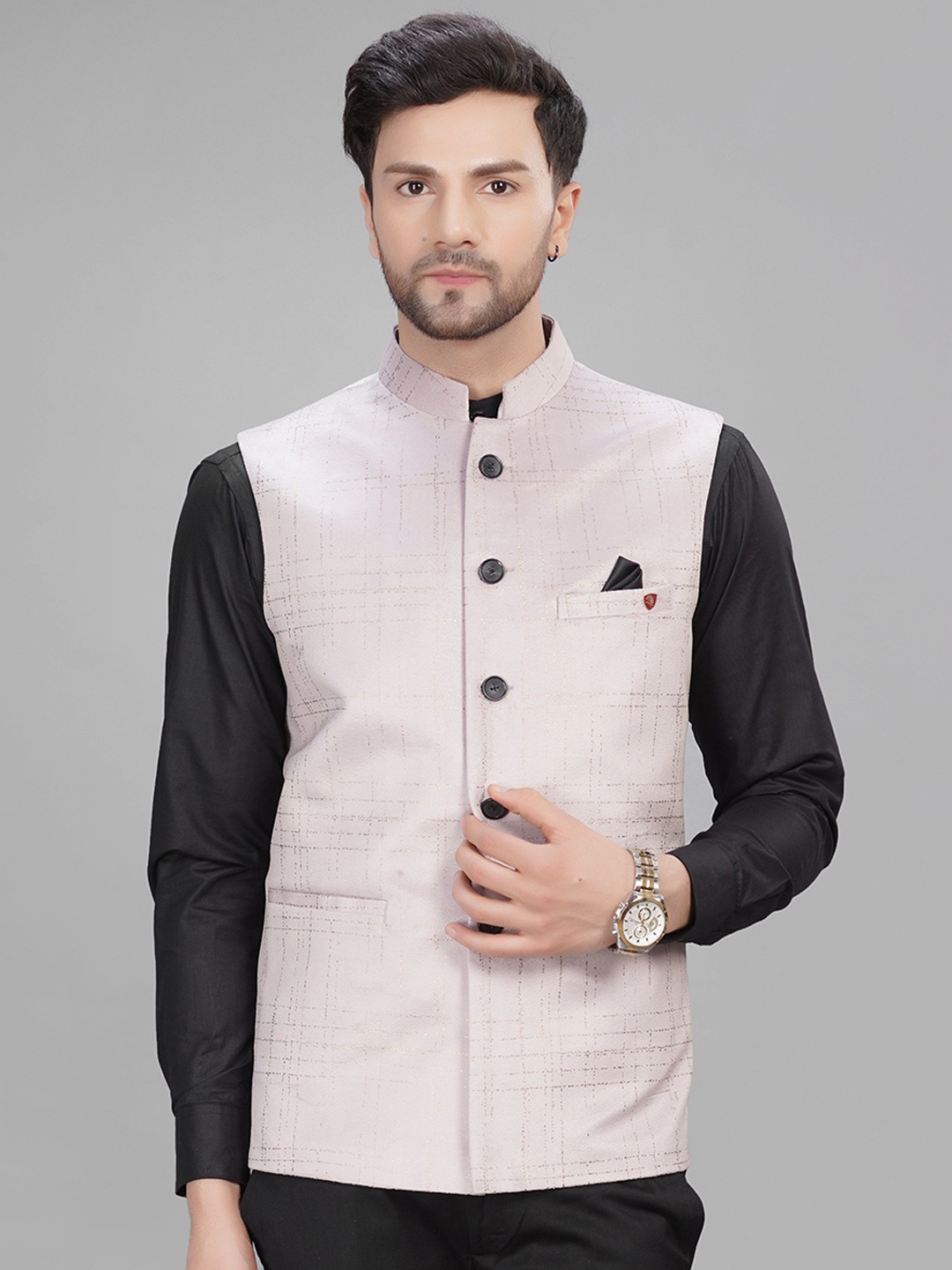 

LA'SCOOT Checked Printed Mandarin Collar Nehru Jacket, Pink