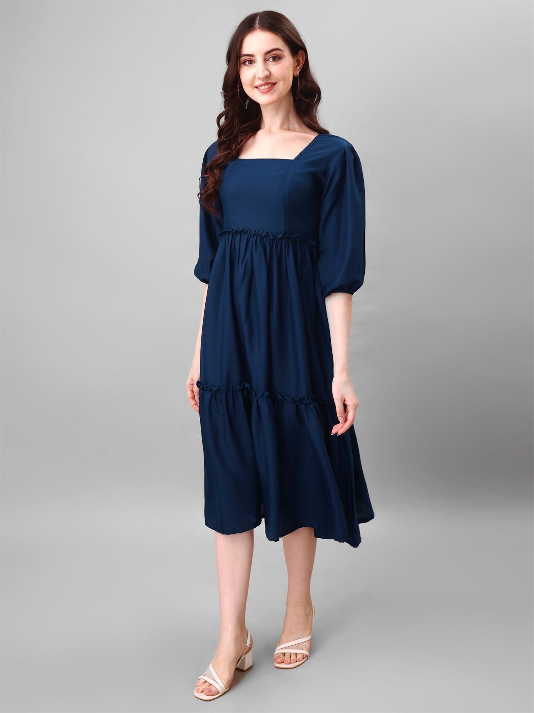 

Femvy Puff Sleeve Fit & Flare Midi Dress, Blue