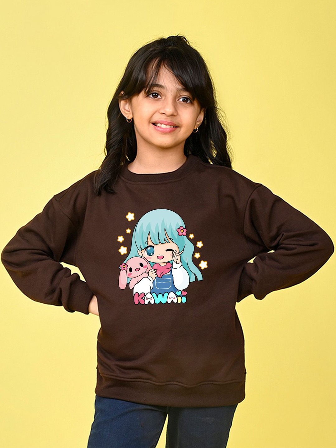 

NUSYL Girls Graphic Printed Oversized Sweatshirt, Brown