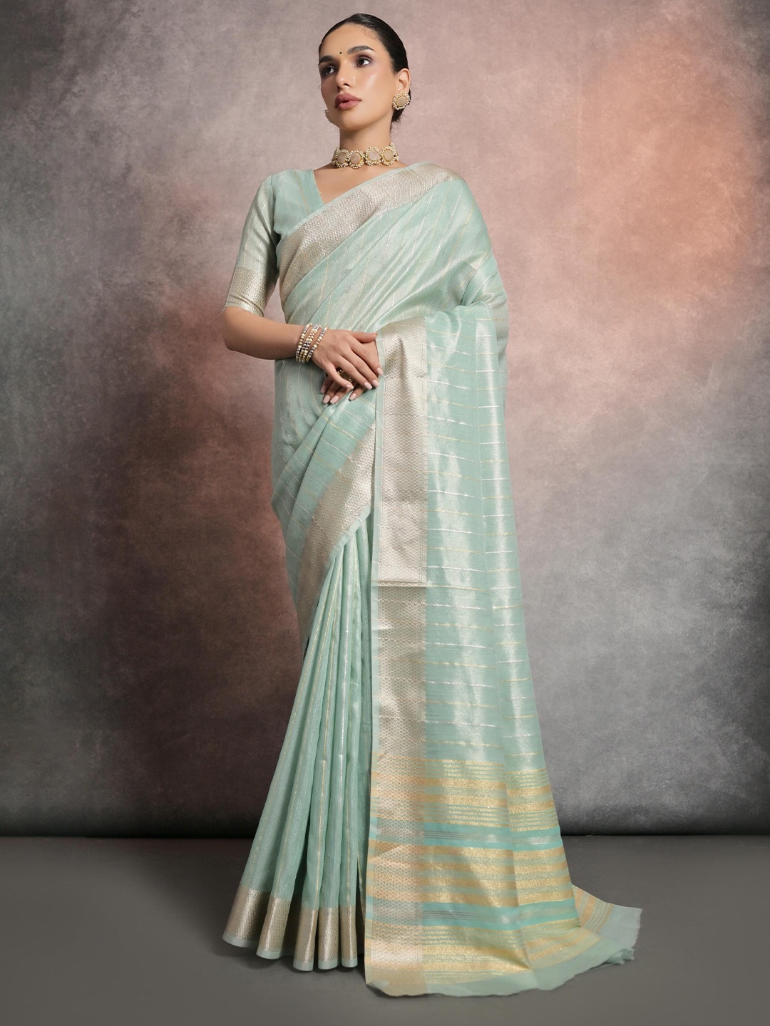 

GAJARAI Striped Zari Tissue Tussar Saree, Sea green