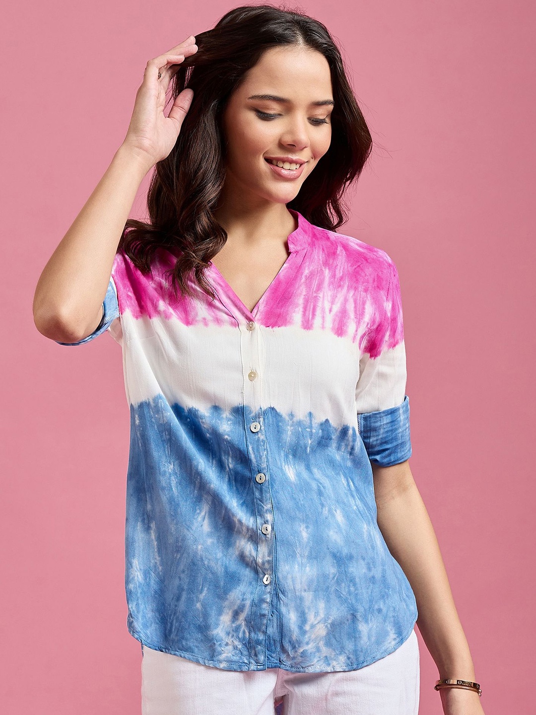 

DressBerry Women Classic Mandarin Collar Dyed Casual Shirt, Pink