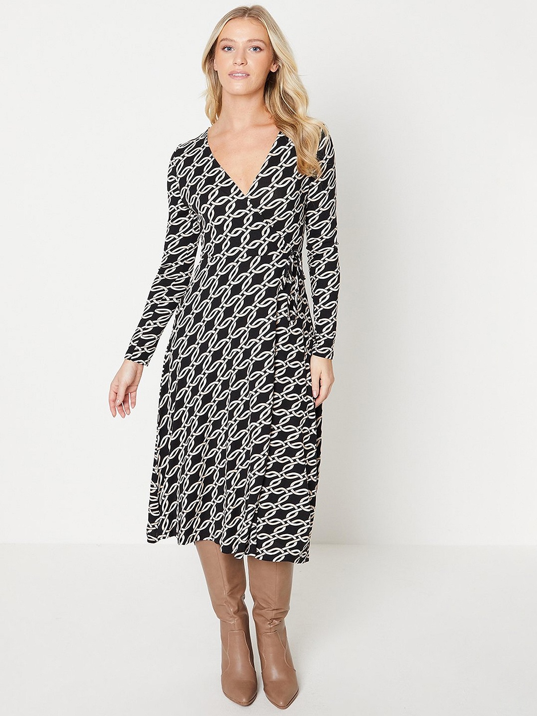 

DOROTHY PERKINS Printed Wrap Midi Dress, Black