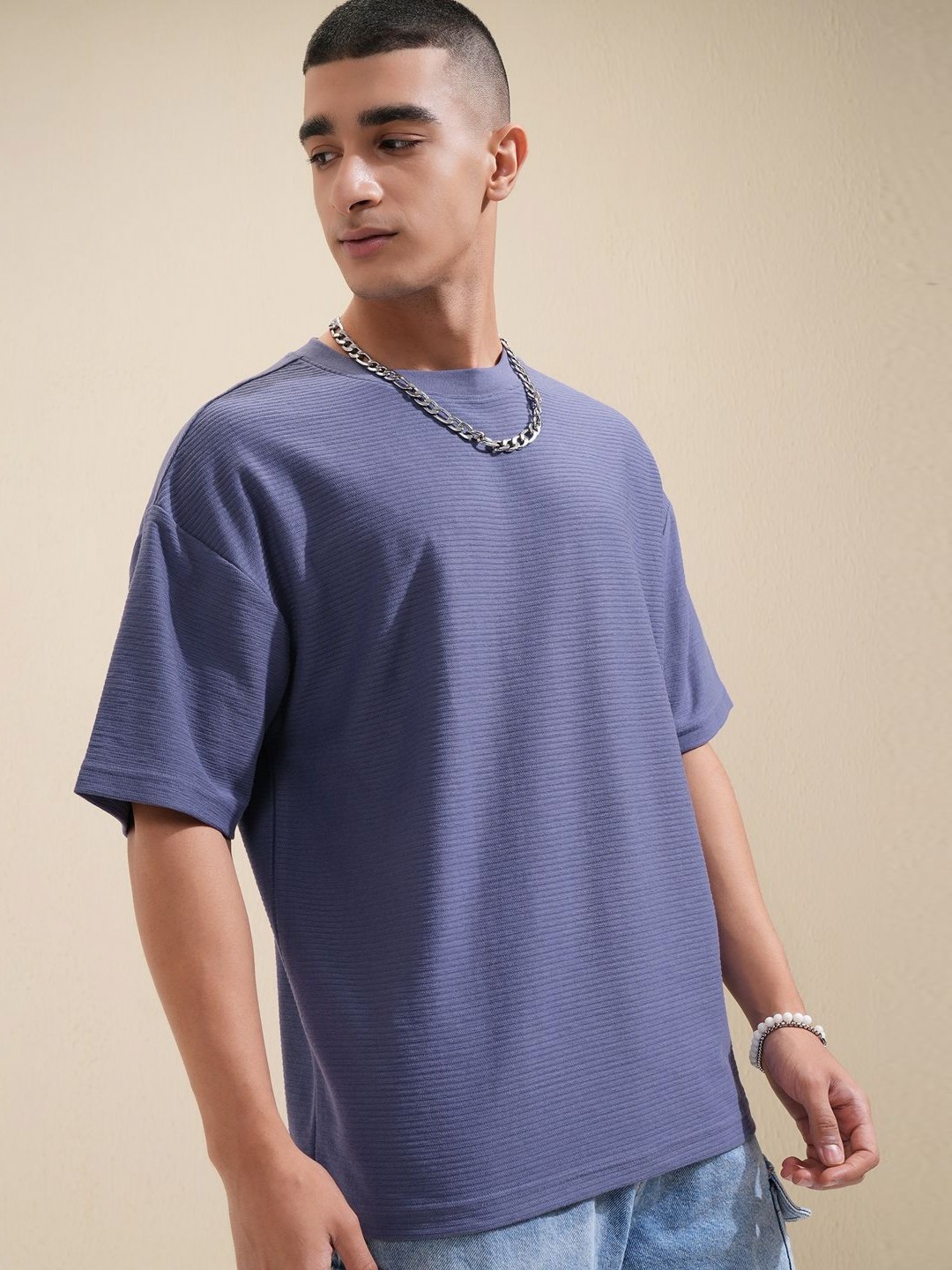 

HIGHLANDER Men Solid Round Neck Cotton Oversized T-Shirt, Purple