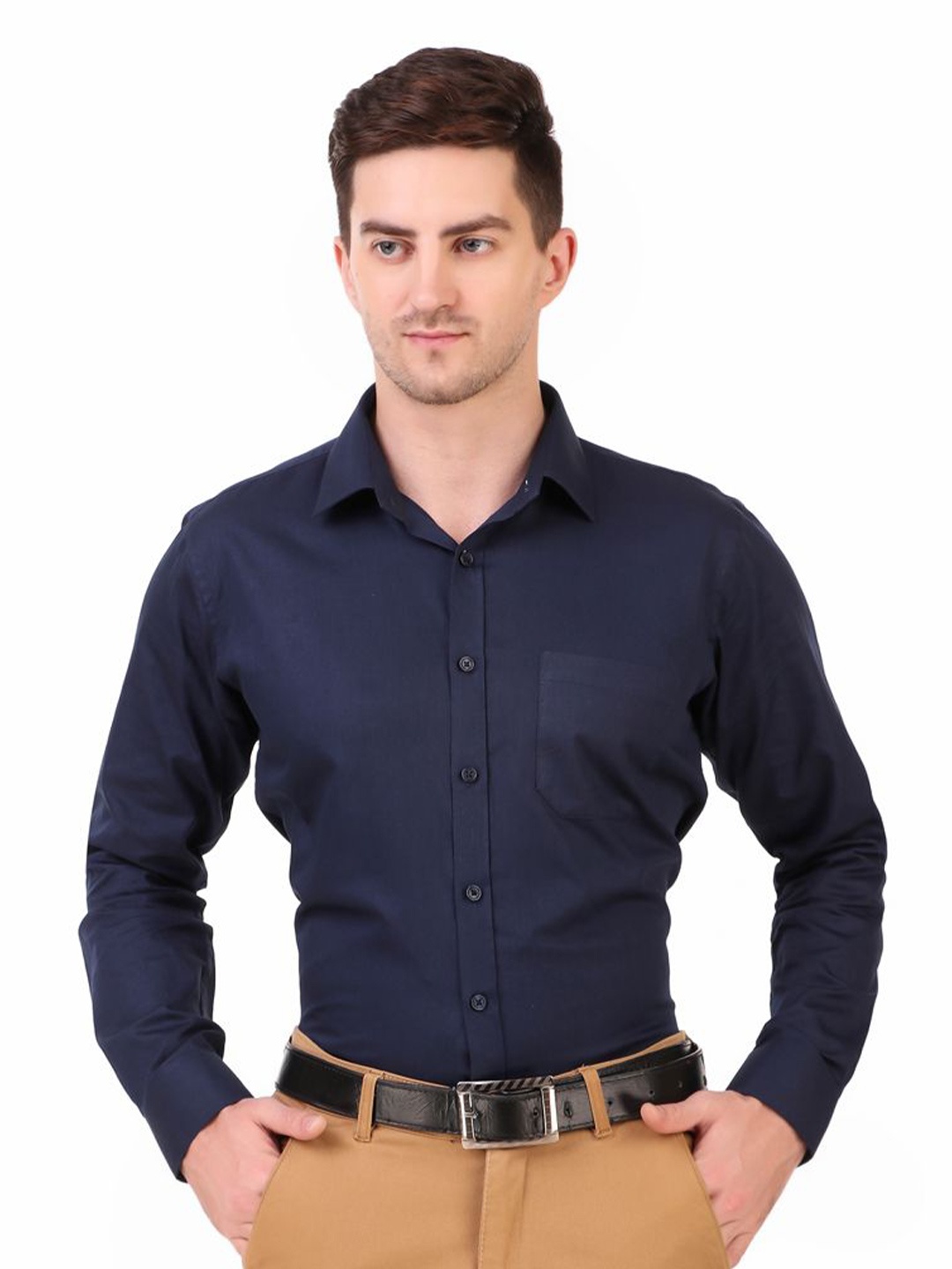 

DESIGN UP Men Comfort Spread Collar Cotton Twill Slim Fit Formal Shirt, Navy blue