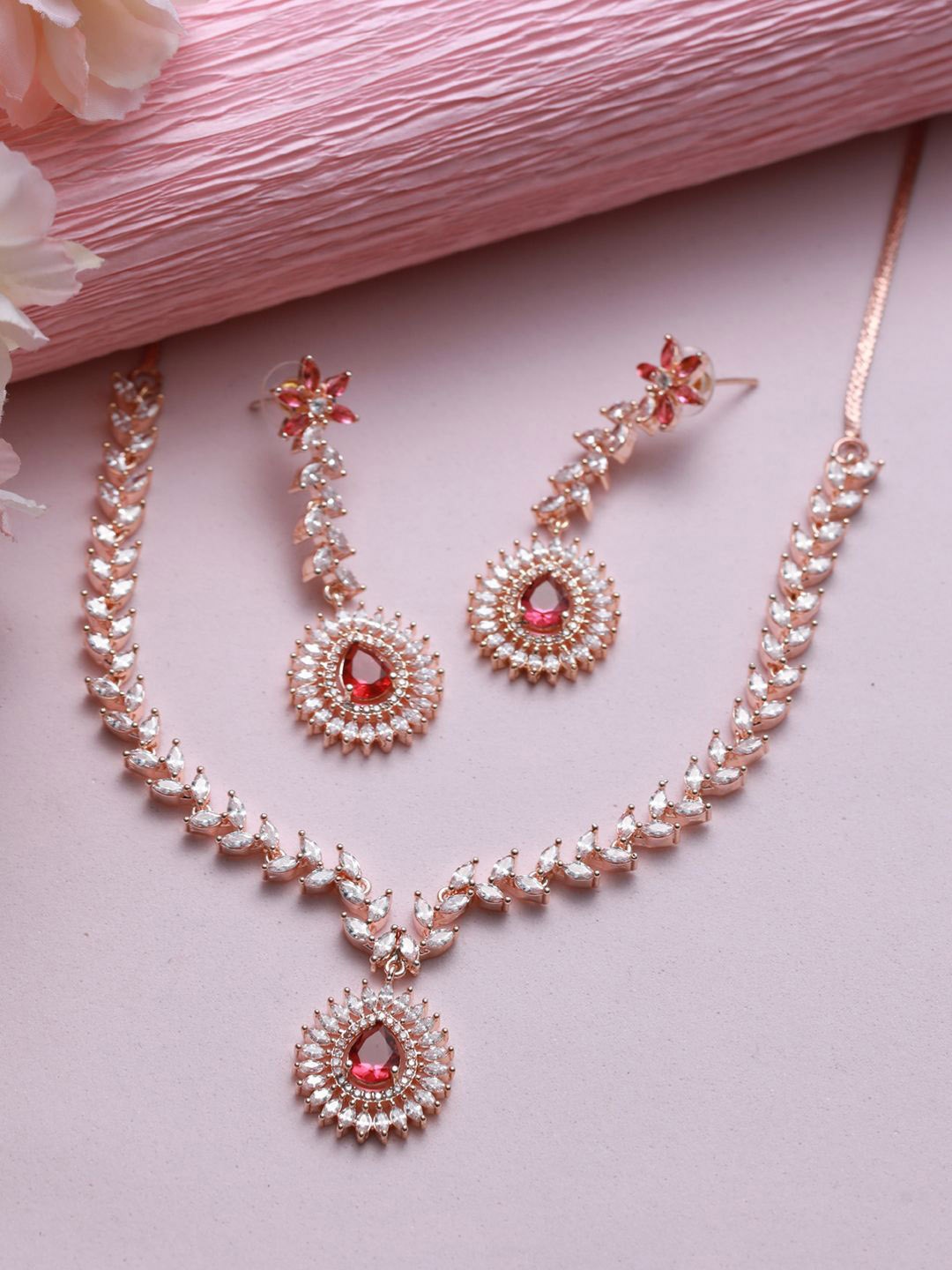 

Anouk Rose Gold-Plated American Diamond & Cubic Zirconia Stone-Studded Jewellery Set