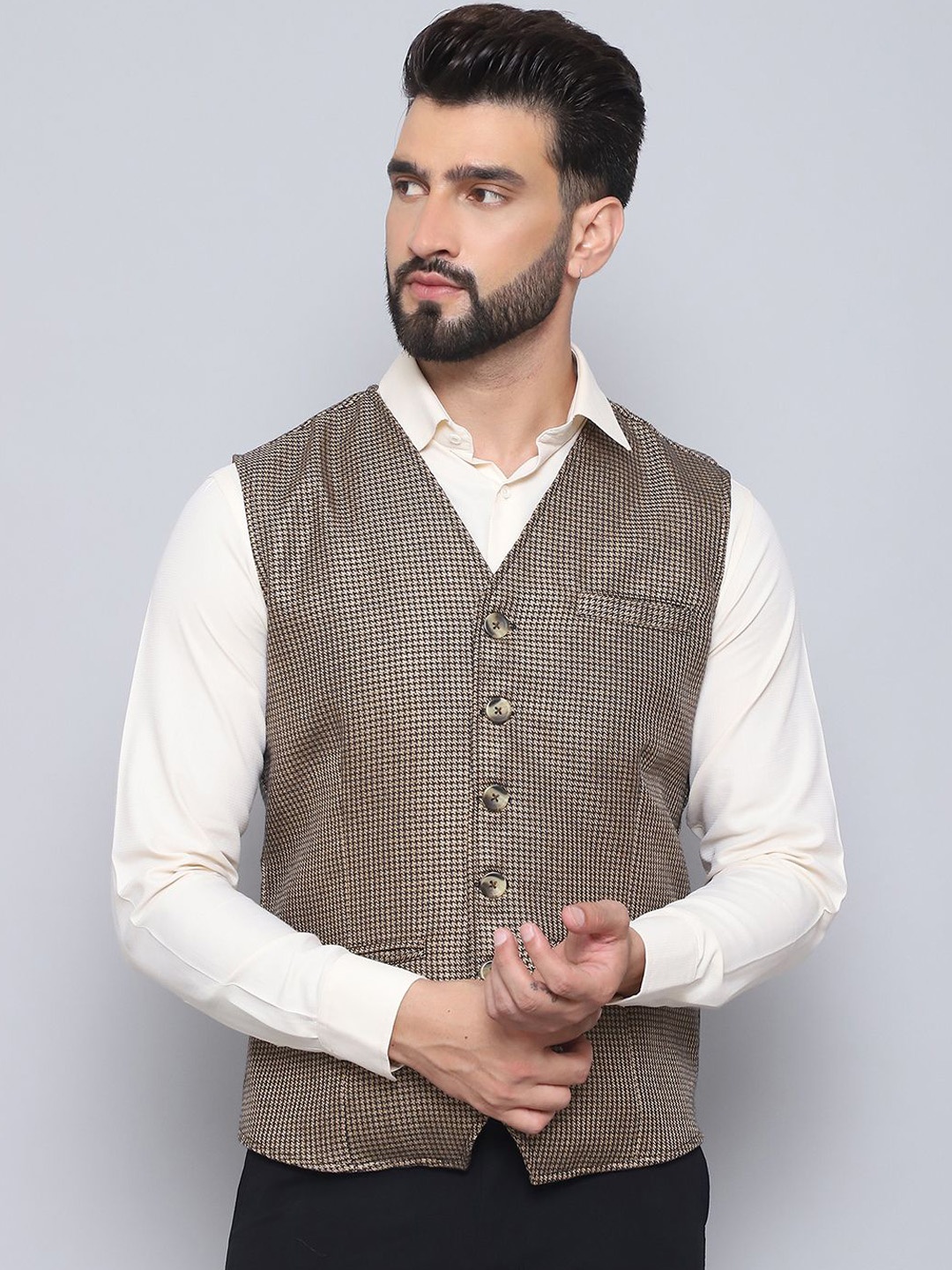

even V-Neck Woven Printed Waistcoat, Beige
