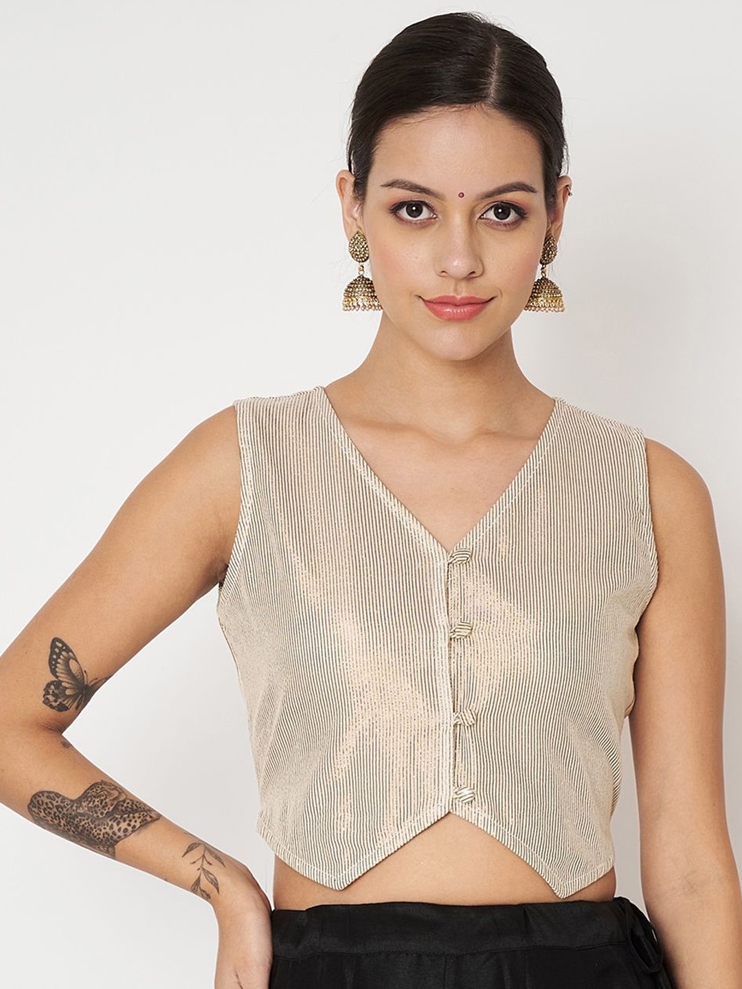 

Shimmer V-Neck Woven Striped Waistcoat, Gold