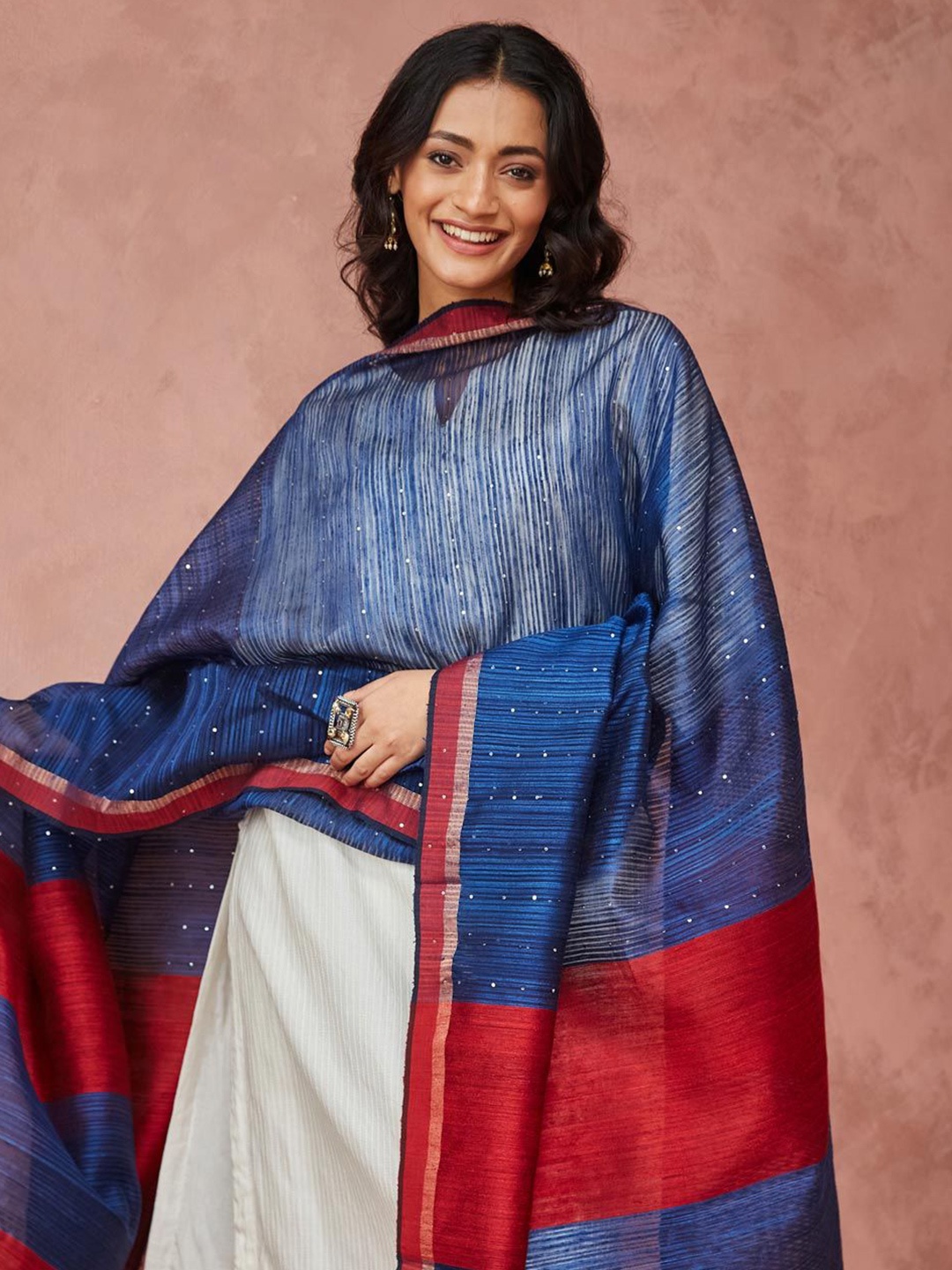 

Fabindia Striped Sequinned Dupatta with Zari, Blue