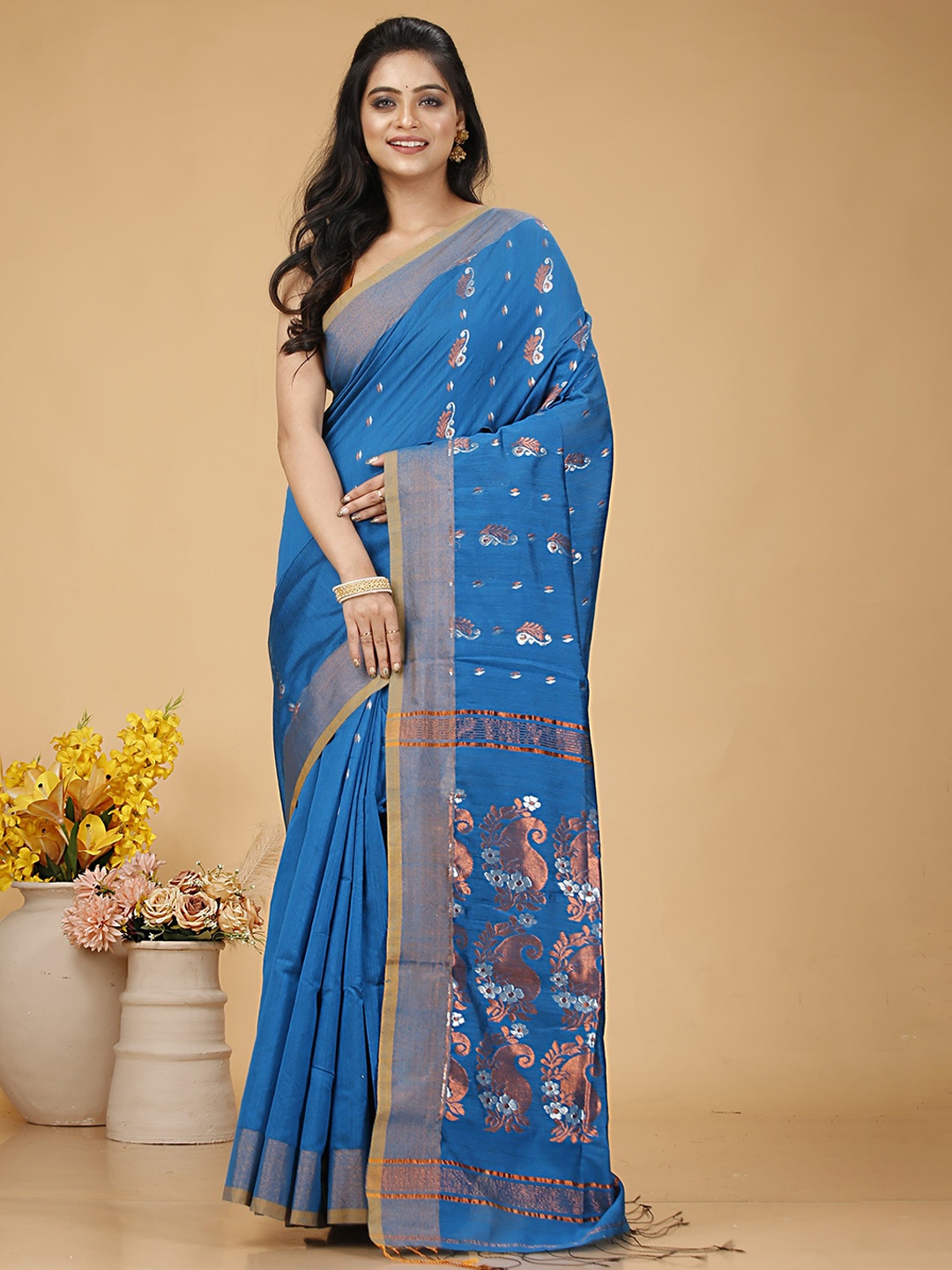 

SLAGHA Woven Design Zari Silk Cotton Taant Saree, Turquoise blue