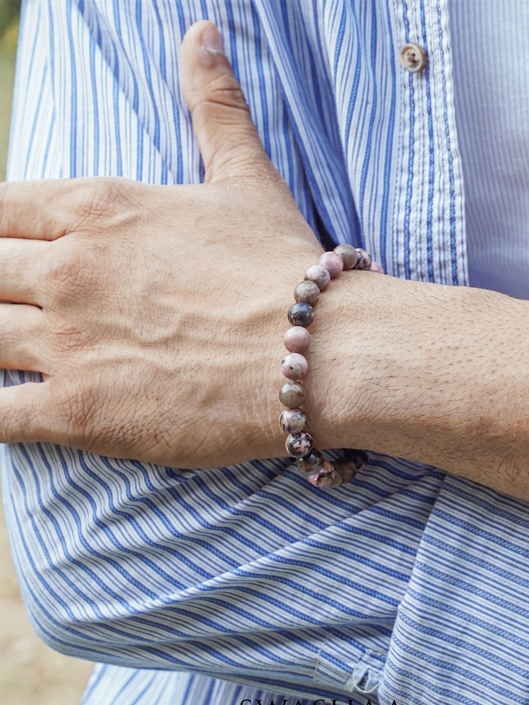 

SWASHAA Men Rhodonite Beaded Agate Elasticated Bracelet, Pink