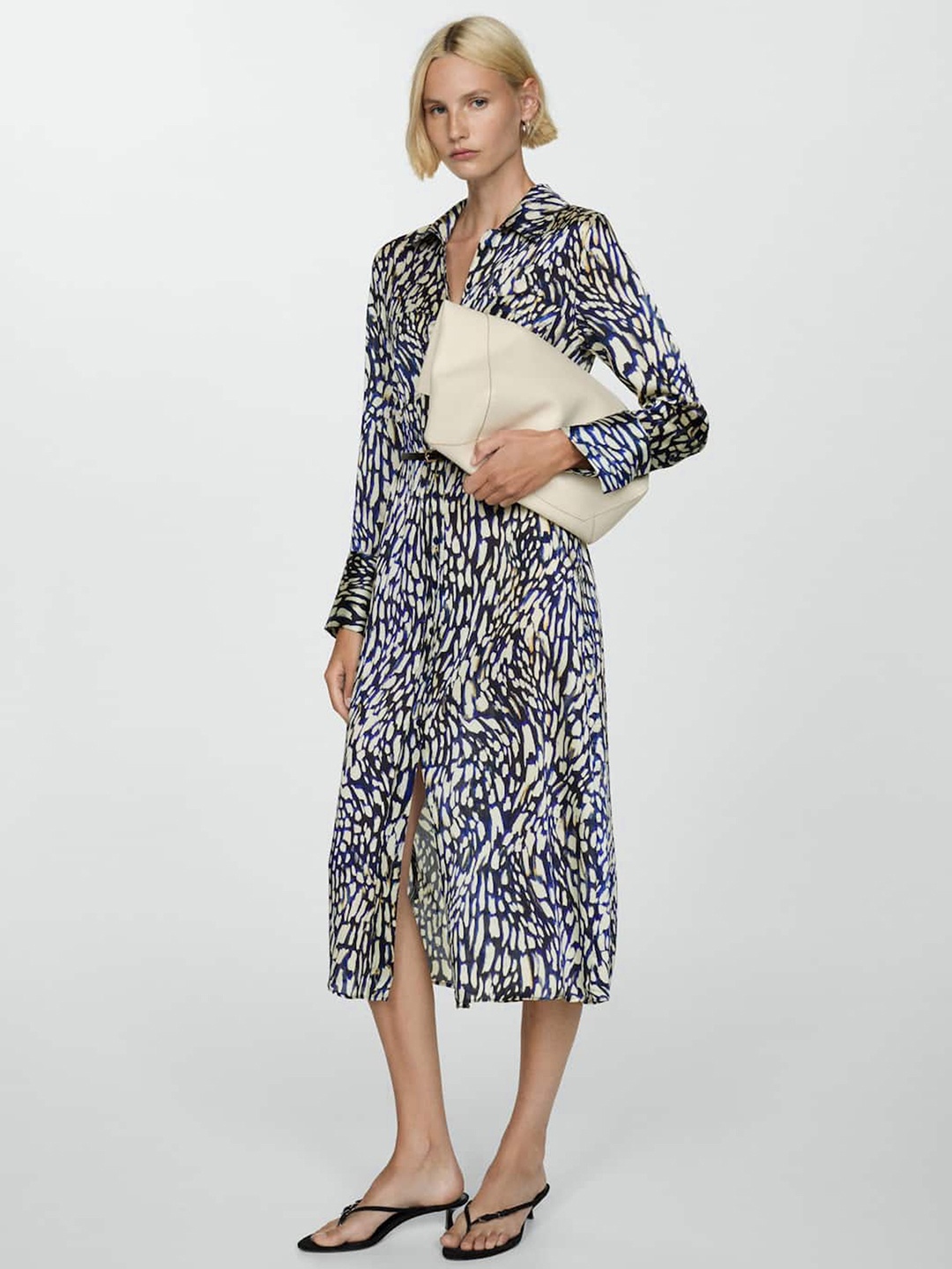 

MANGO Printed Satin Shirt Midi Dress, Blue