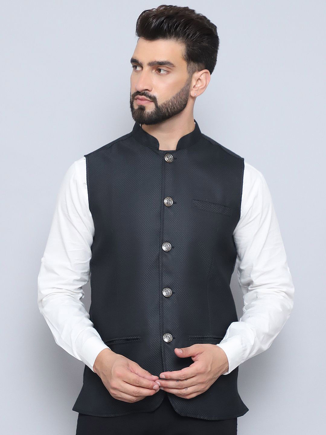 

even Woven Design Nehru Jacket, Black