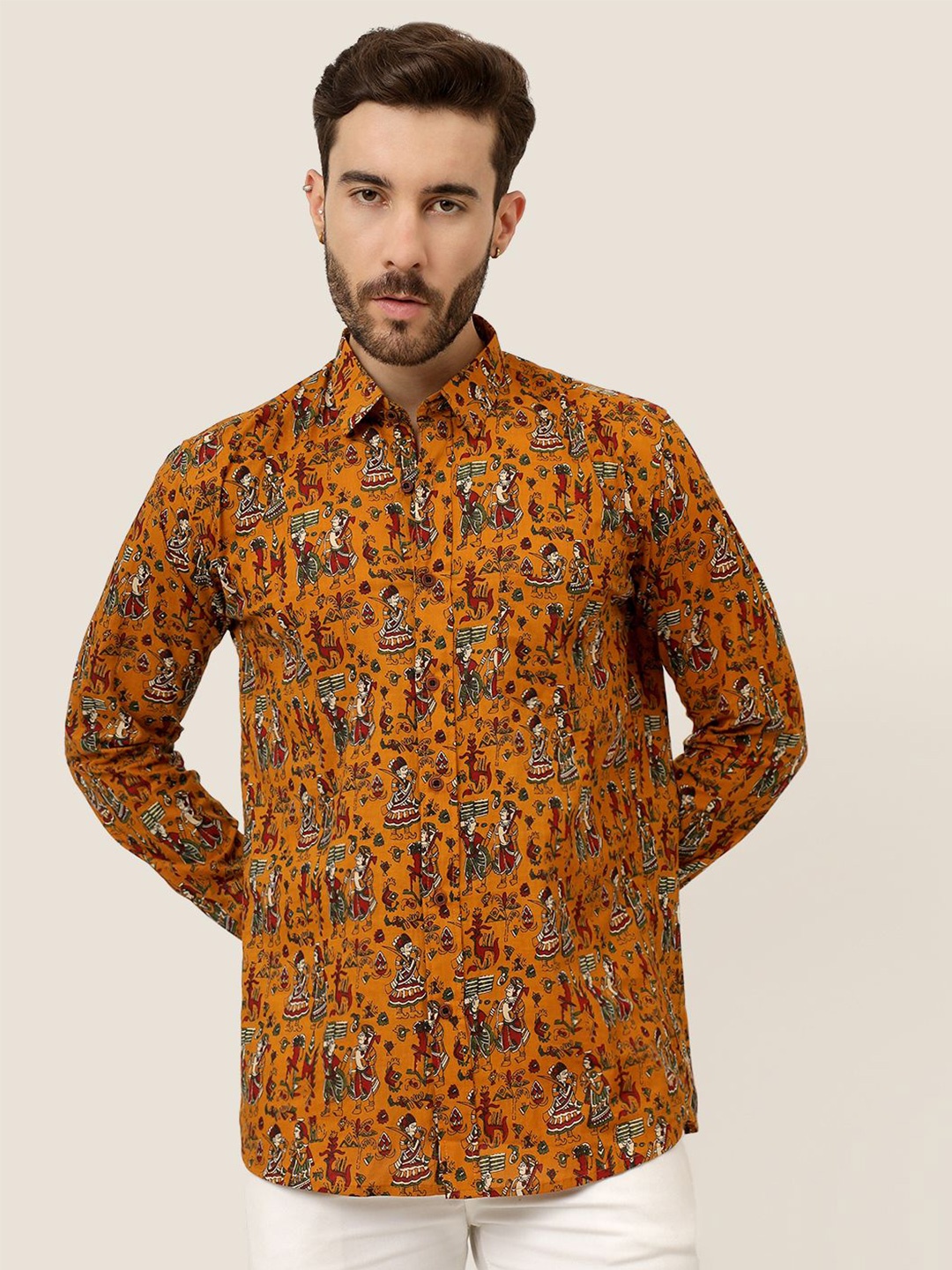 

SPS Men Relaxed Spread Collar Ethnic Printed Cotton Casual Shirt, Orange