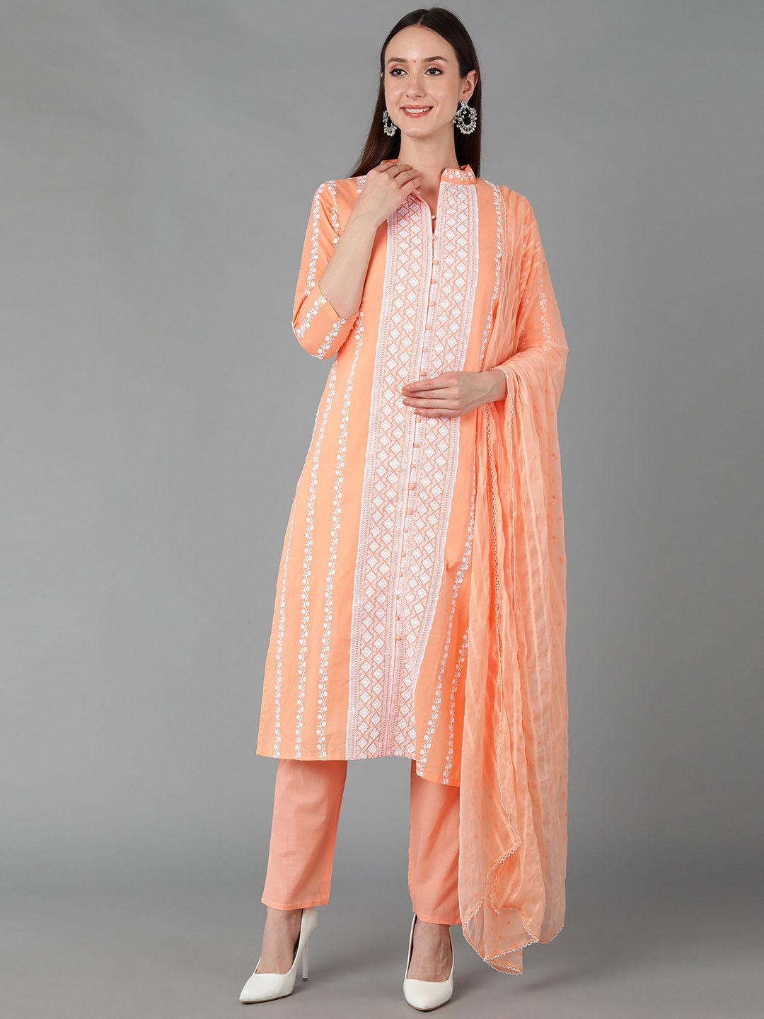 

KALINI Ethnic Motifs Embroidered Thread Work Kurta with Trousers & Dupatta, Orange