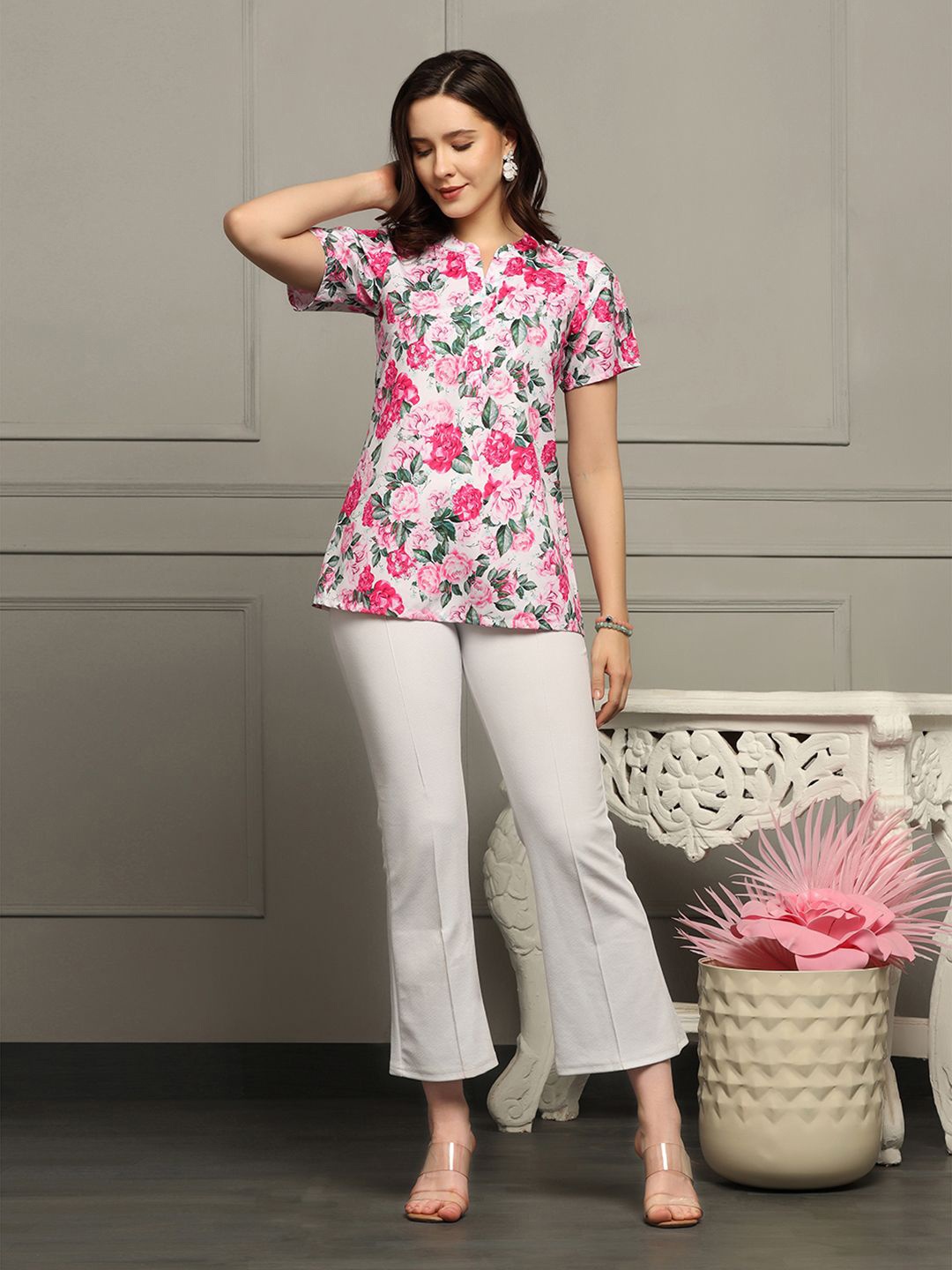 

BAESD Floral Print Mandarin Collar Crepe Top, Multi
