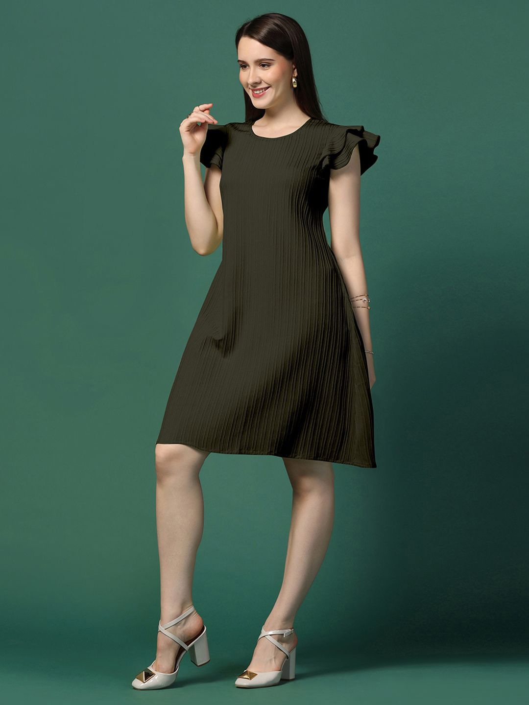 

OMPAX Flutter Sleeve A-Line Dress For Women's, Olive