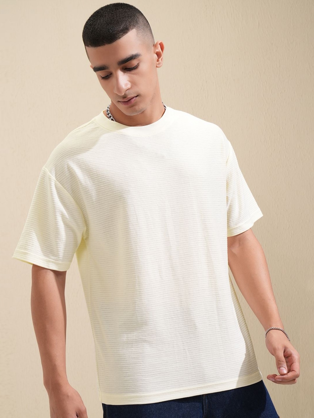 

HIGHLANDER Men Solid Round Neck Cotton Oversized T-shirt, Off white